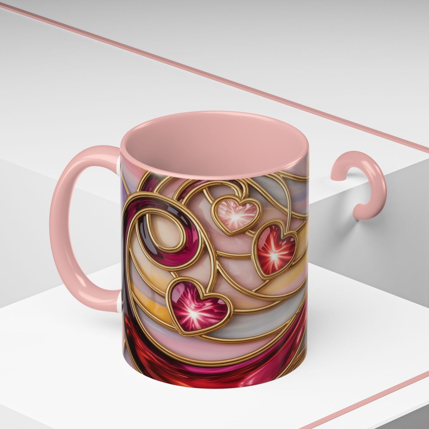 Stained Glass Heart Mug, Romantic Love Coffee Cup, Pink Red Gold Glass Style Mug, Valentine Gift For Her, Anniversary Wedding Decor