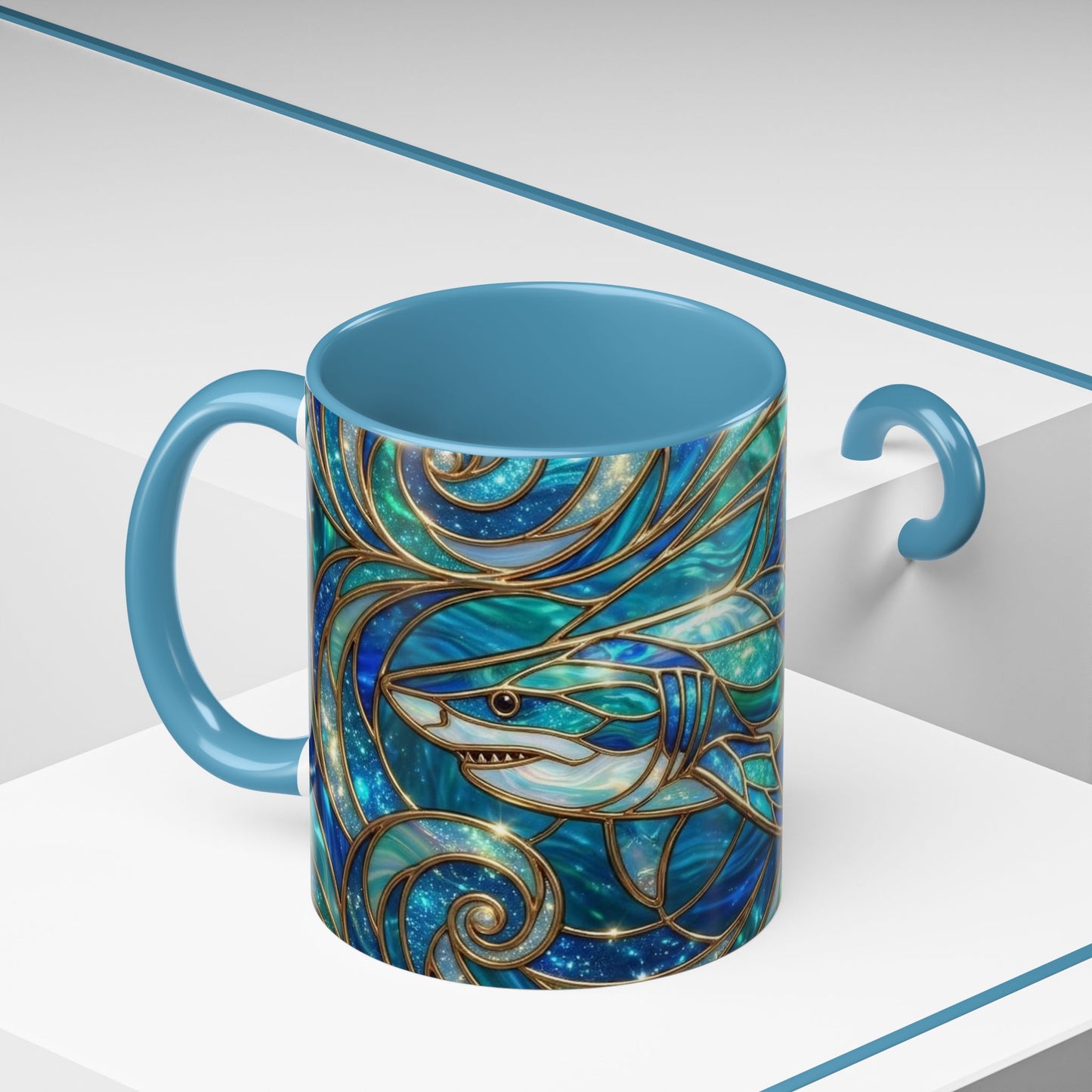 Stained Glass Shark Mug, Ocean Art Coffee Cup, Blue Shark Gift, Sea Life Ceramic Mug, Artistic Shark Design, Marine Lover Gift, Unique Ocean Mug