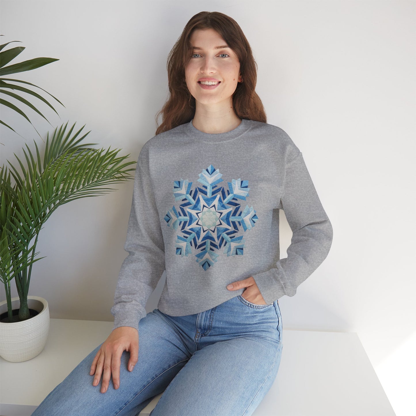 Faux Patchwork Snowflake Sweatshirt, Winter Snowflake Crewneck Unisex, Cozy Holiday Patchwork Sweatshirt, Nordic Snowflake Winter Pullover