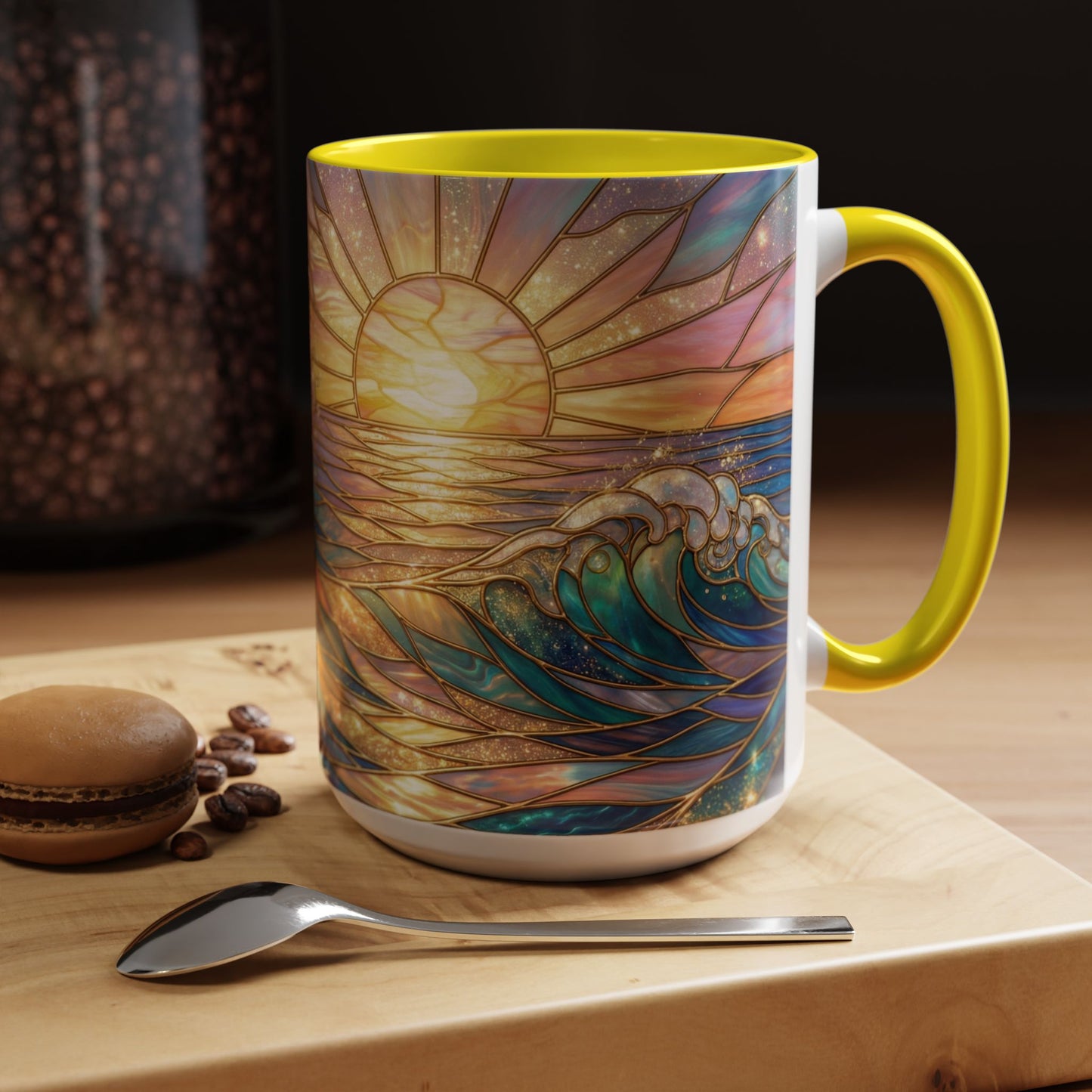 Stained Glass Ocean Wave Mug, Sunrise Beach Coffee Cup, Japanese Art Gift, Coastal Decor Kitchen, Mosaic Sea Tea Cup, Blue Gold Nature Lover