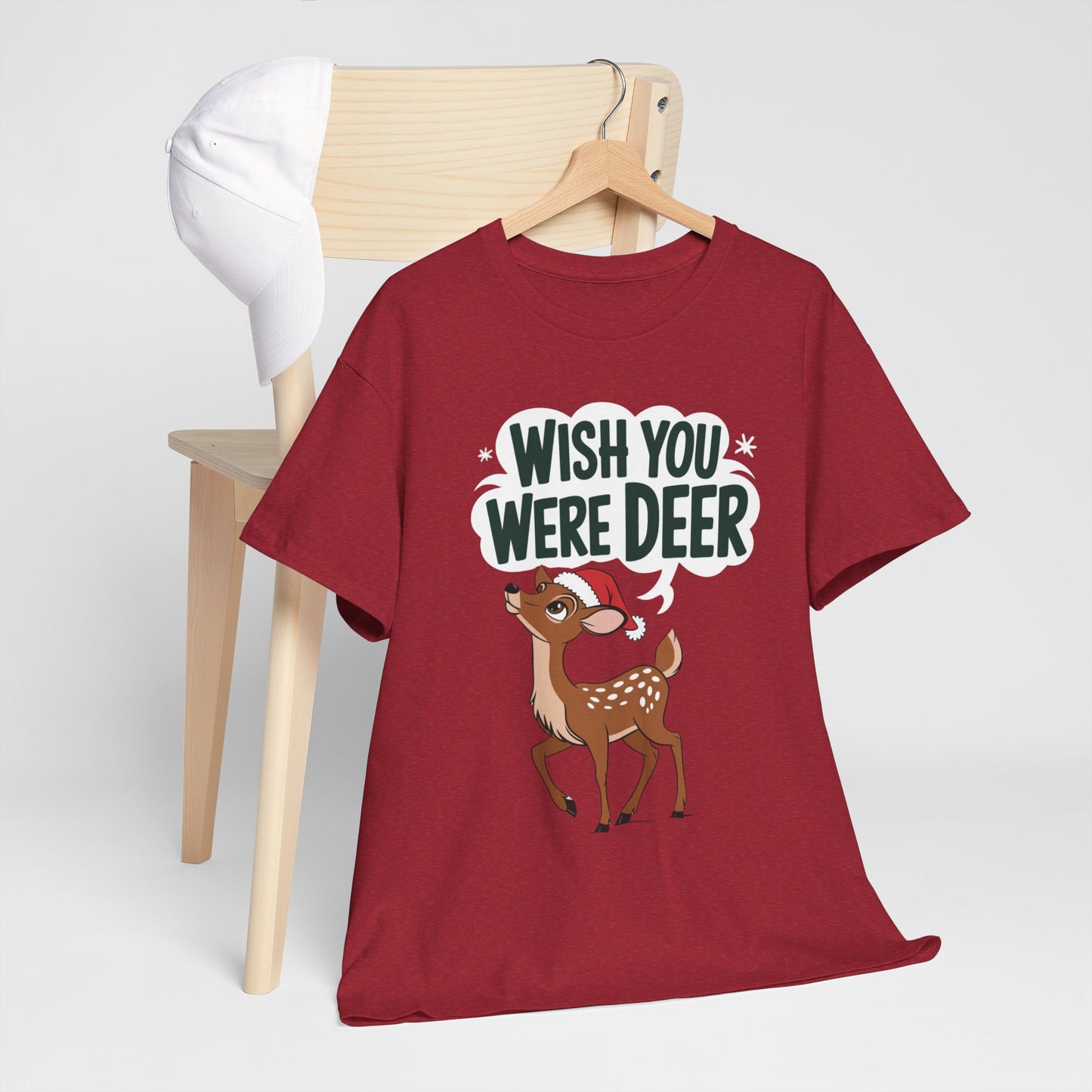 Wish You Were Deer Funny Christmas T-Shirt, Cute Reindeer Holiday Tee, Pun Christmas Shirt, Festive Santa Hat Deer Graphic Tee Gift