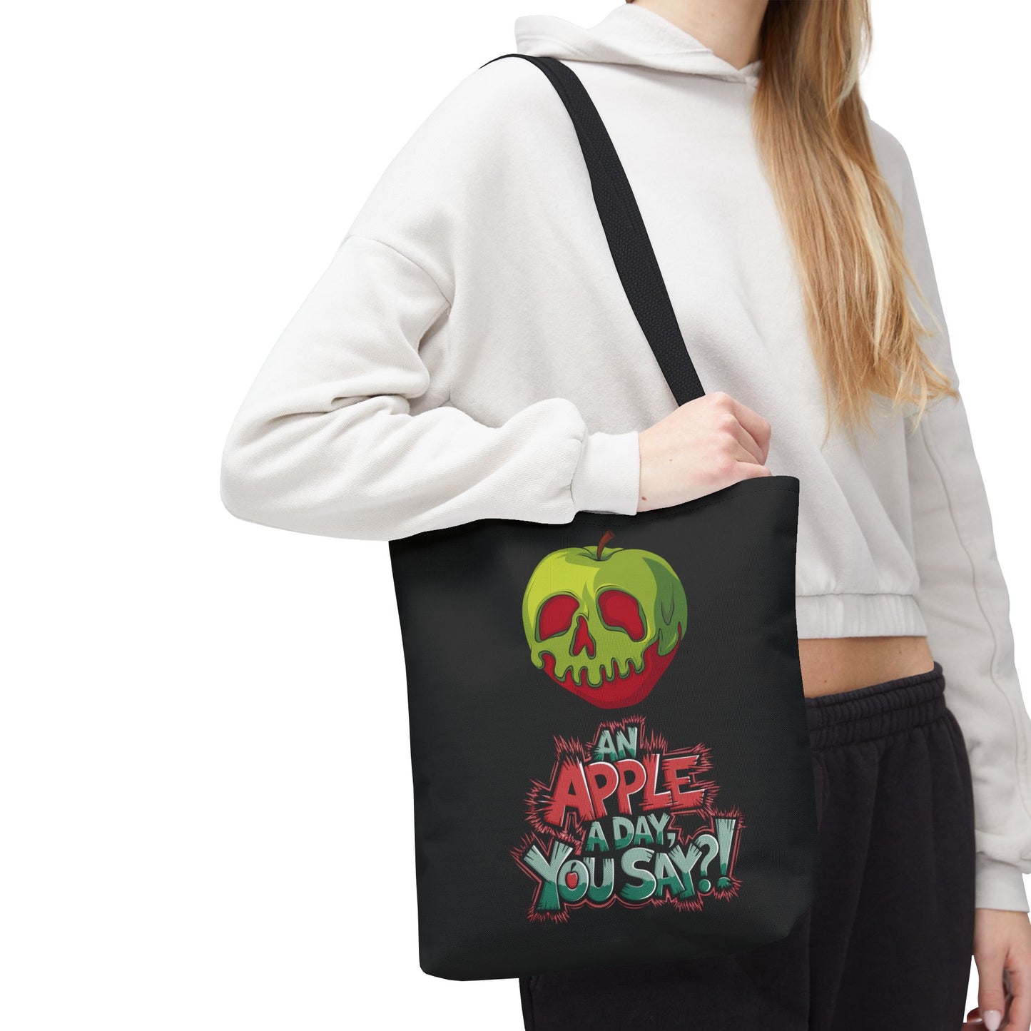 Spooky Halloween Tote Bag – Poison Apple Design – Funny Gothic Tote – Trick or Treat Bag – Creepy Apple Pun Gift – Black Tote Bag