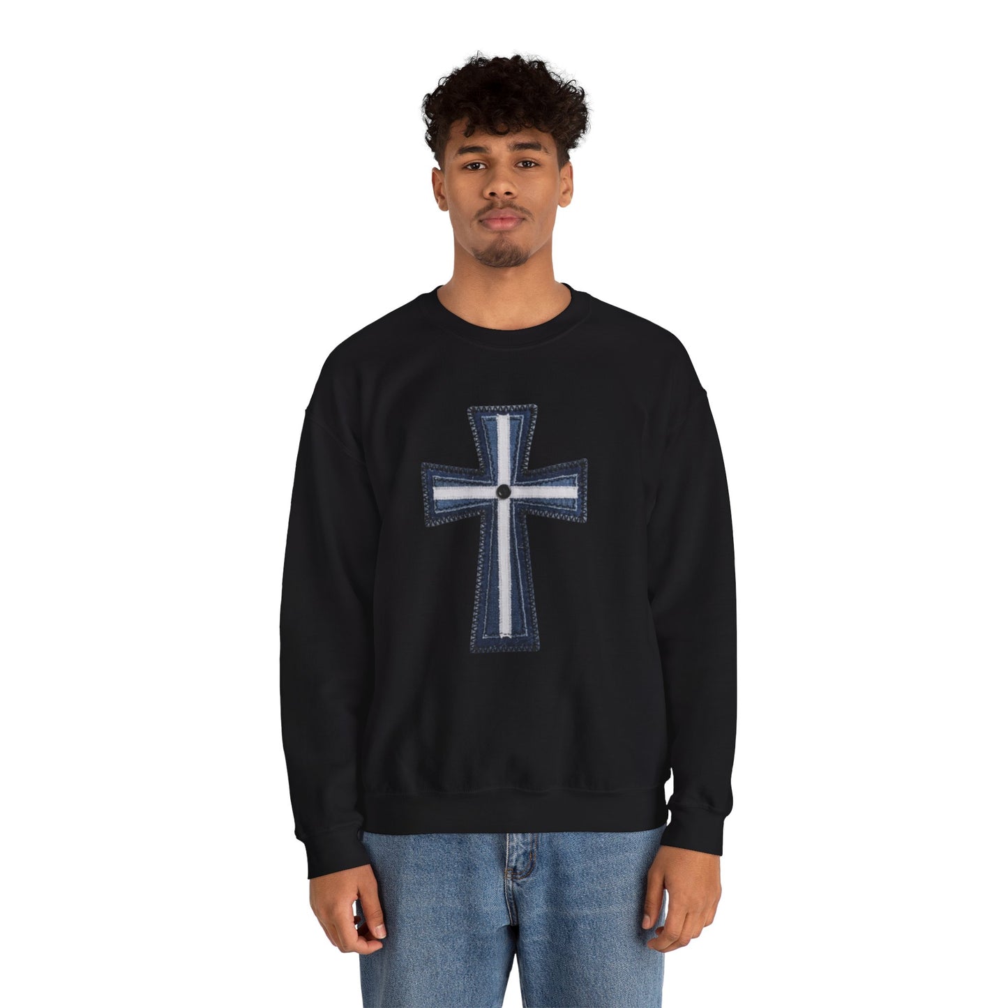 Faux Patchwork Cross Sweatshirt, Christian Patchwork Style Crewneck, Faith Gift for Women Men, Rustic Cross Sweatshirt, Religious Xmas Gift