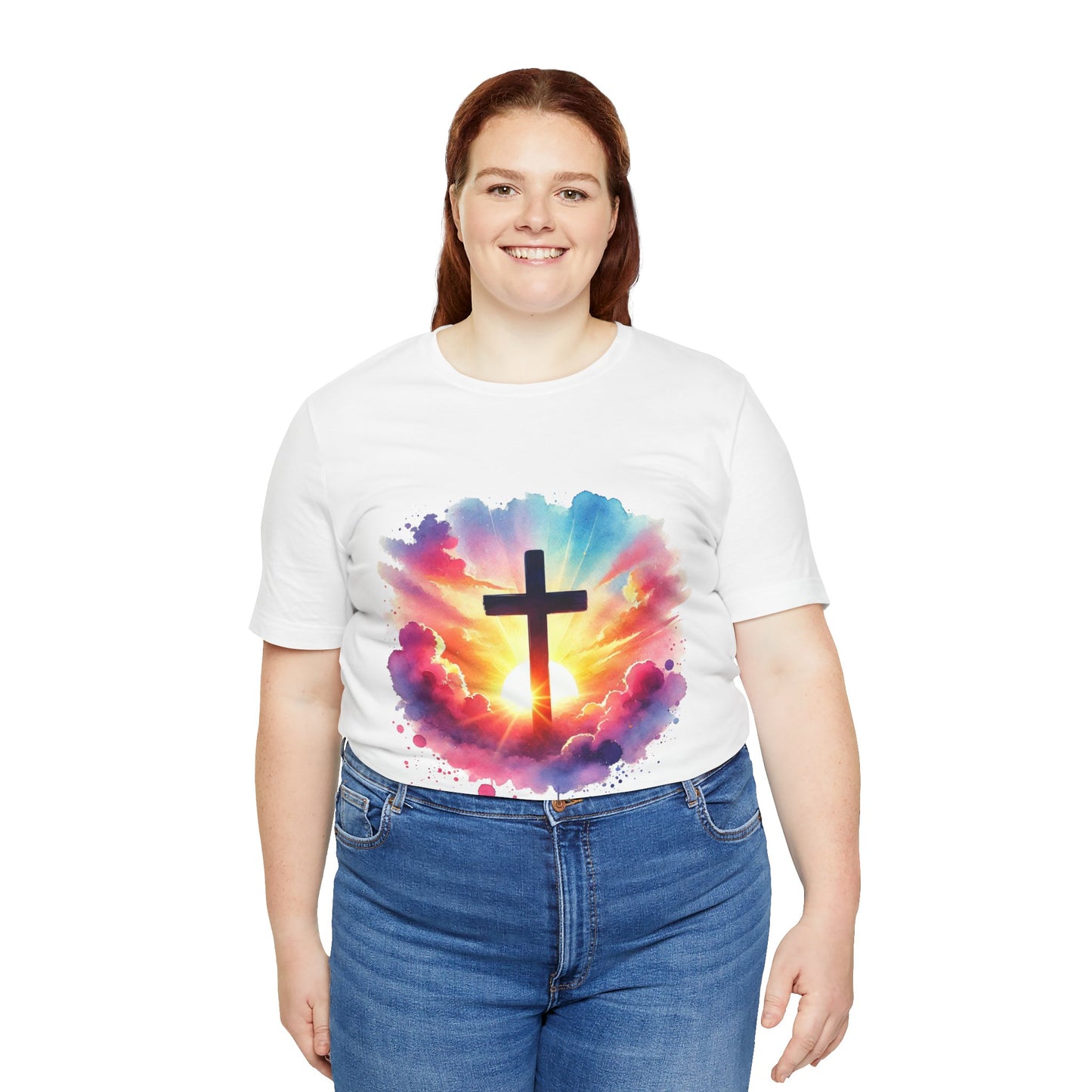 Faith Cross Sunburst Christian Tee | Inspirational Christian T-Shirt | Colorful Sunrise Cross Shirt | Faith Gifts for Women Men