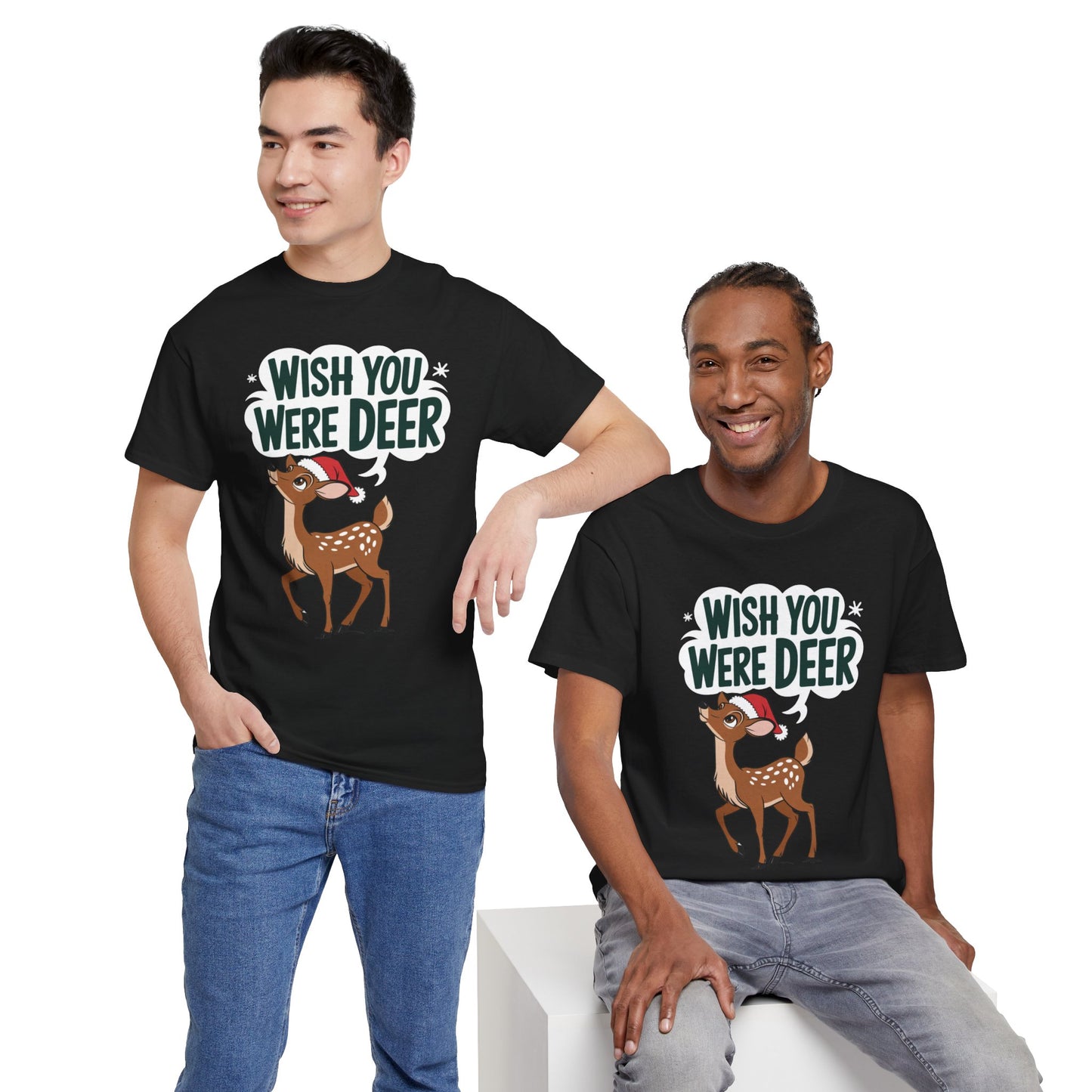 Wish You Were Deer Funny Christmas T-Shirt, Cute Reindeer Holiday Tee, Pun Christmas Shirt, Festive Santa Hat Deer Graphic Tee Gift