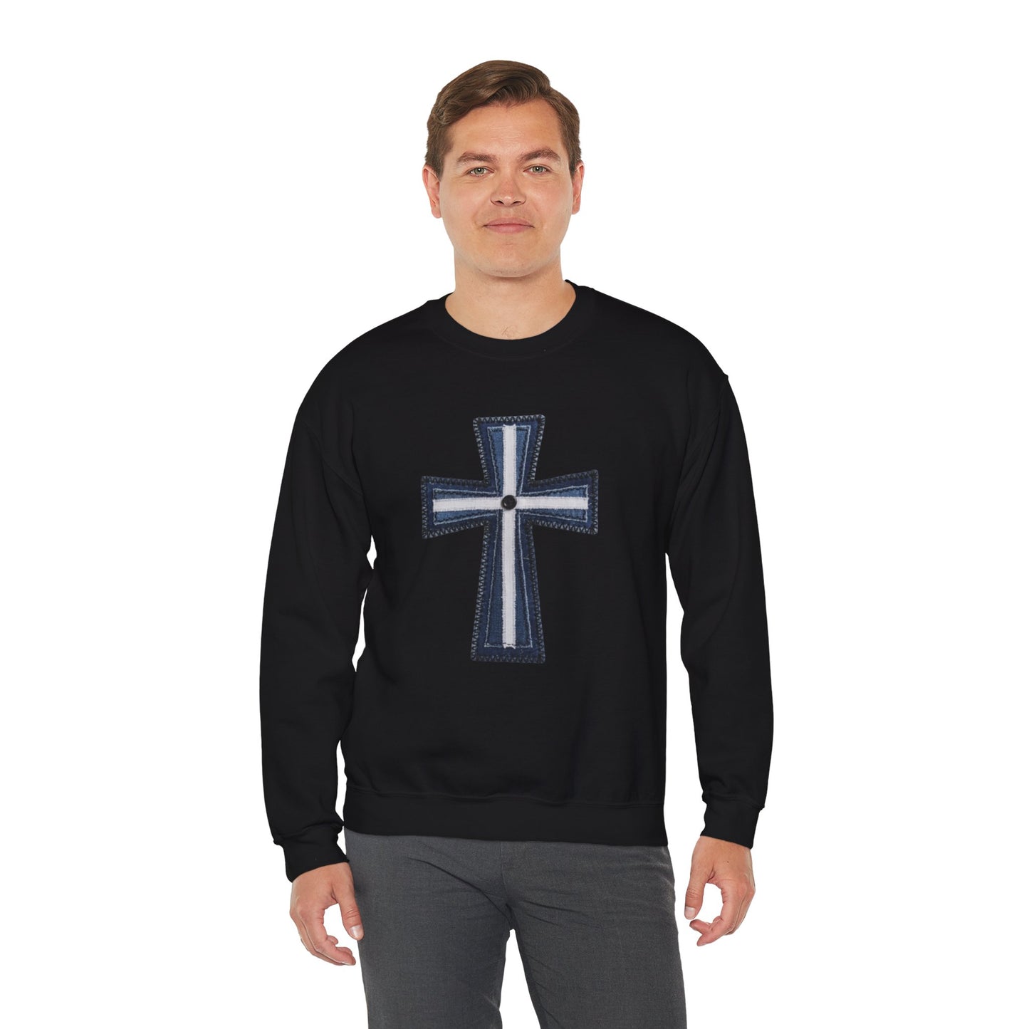 Faux Patchwork Cross Sweatshirt, Christian Patchwork Style Crewneck, Faith Gift for Women Men, Rustic Cross Sweatshirt, Religious Xmas Gift