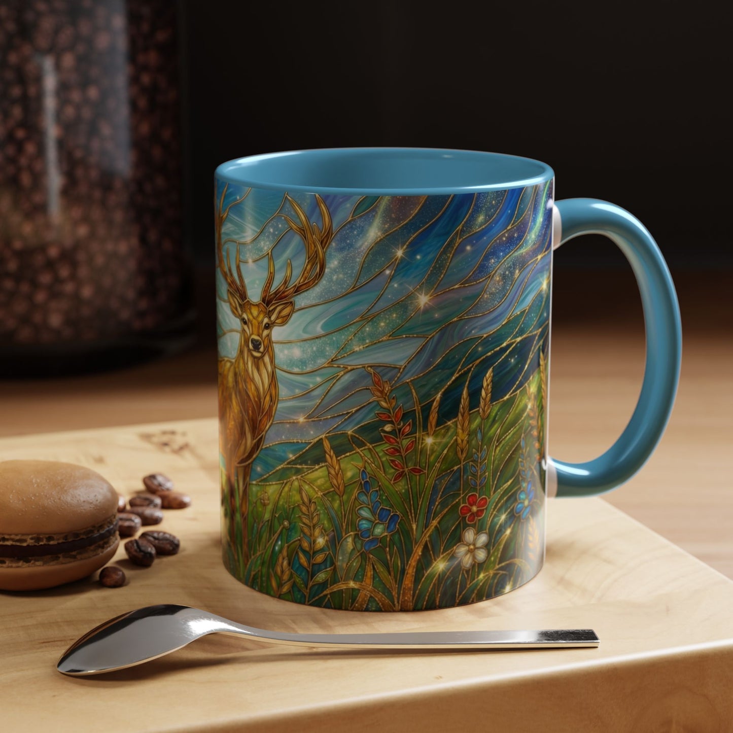 Stained Glass Deer Mug, Woodland Art Coffee Cup, Nature Forest Mug, Blue Green Gold Glass Style Mug, Gift For Nature Lovers Decor