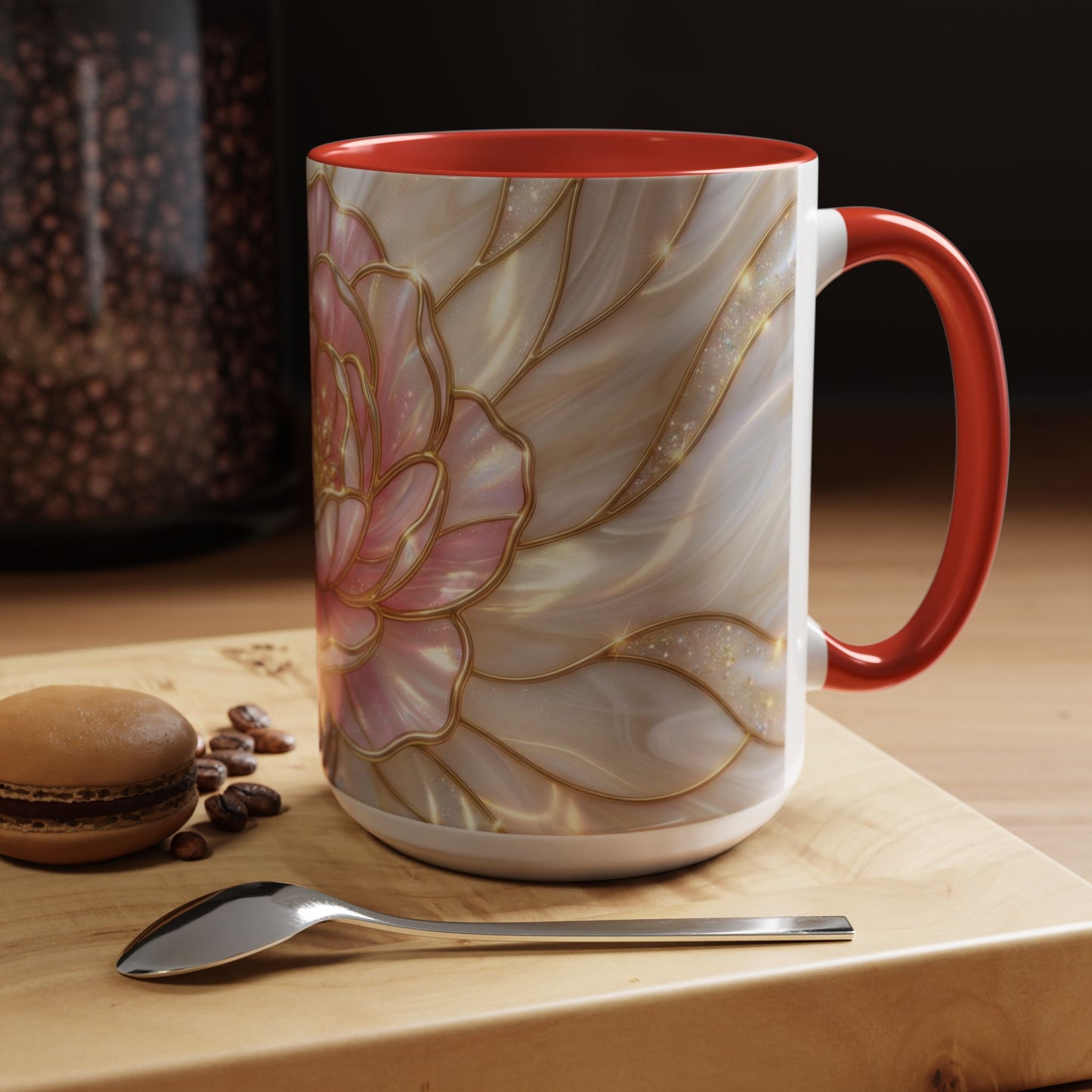 Pink Peony Stained Glass Mug, Gold Floral Coffee Cup, Elegant Flower Gift For Her, Fairycore Tea Cup, Mothers Day Present, Pearl Art Decor