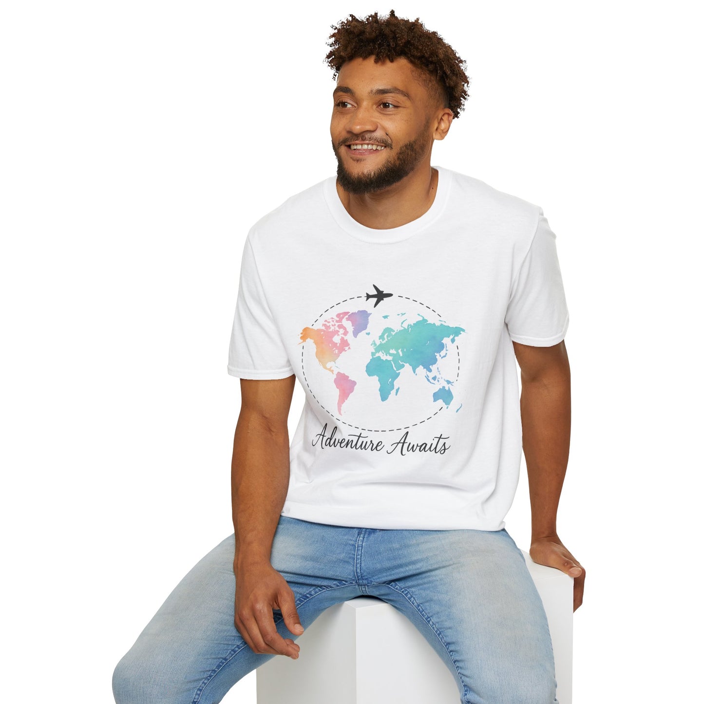 Adventure Awaits Travel Shirt | Watercolor World Map Tee for Women and Men | Wanderlust Gift for Travelers, Hikers, Campers, Beach Lovers