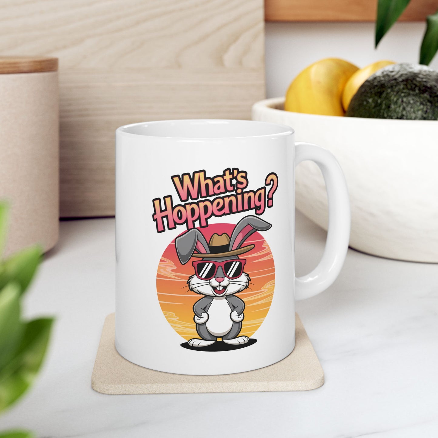 What’s Hoppening Funny Bunny Mug – Cute Rabbit Coffee Cup with Easter Pun, Dishwasher Safe Ceramic, Hilarious Gift for Animal Lovers & Friends