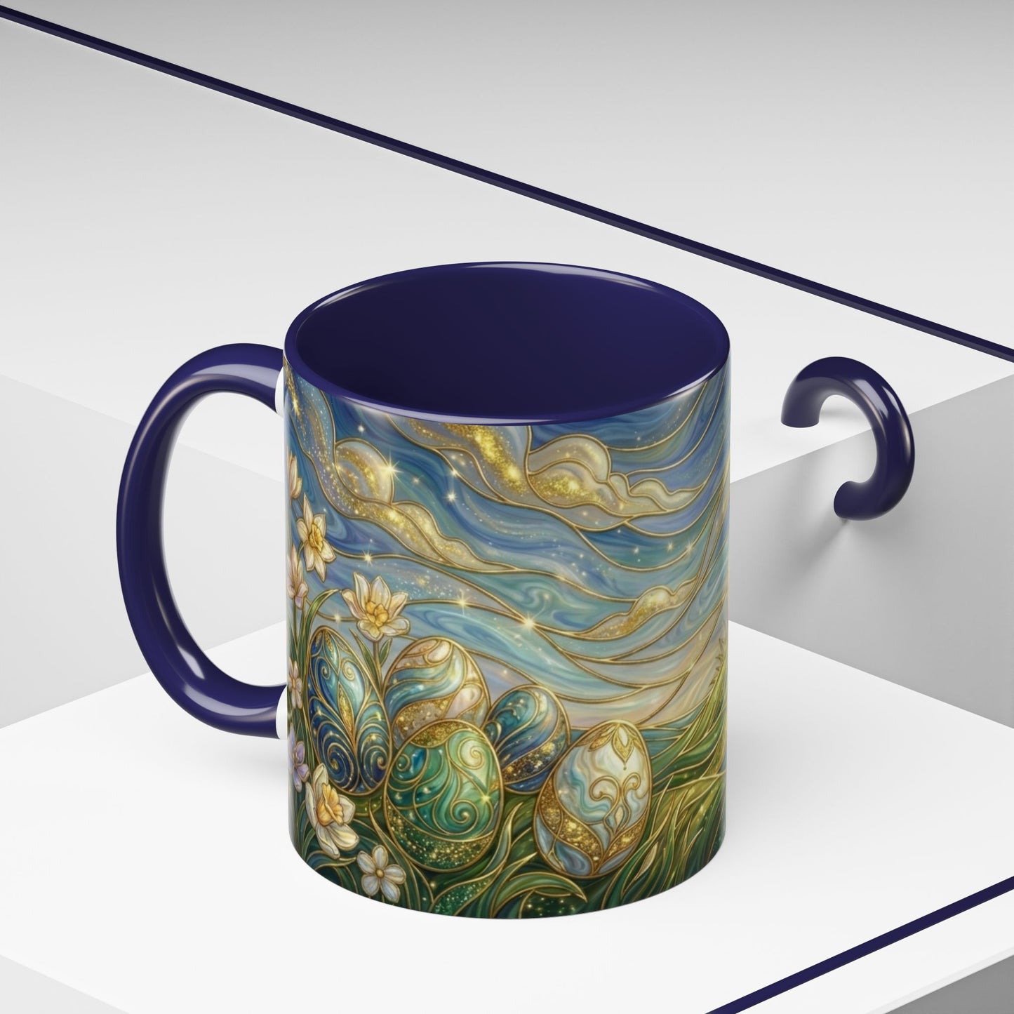 Stained Glass Easter Egg Mug, Magical Spring Floral Coffee Cup, Art Nouveau Fantasy Teacup, Elegant Celestial Starry Sky Mug Gift Idea