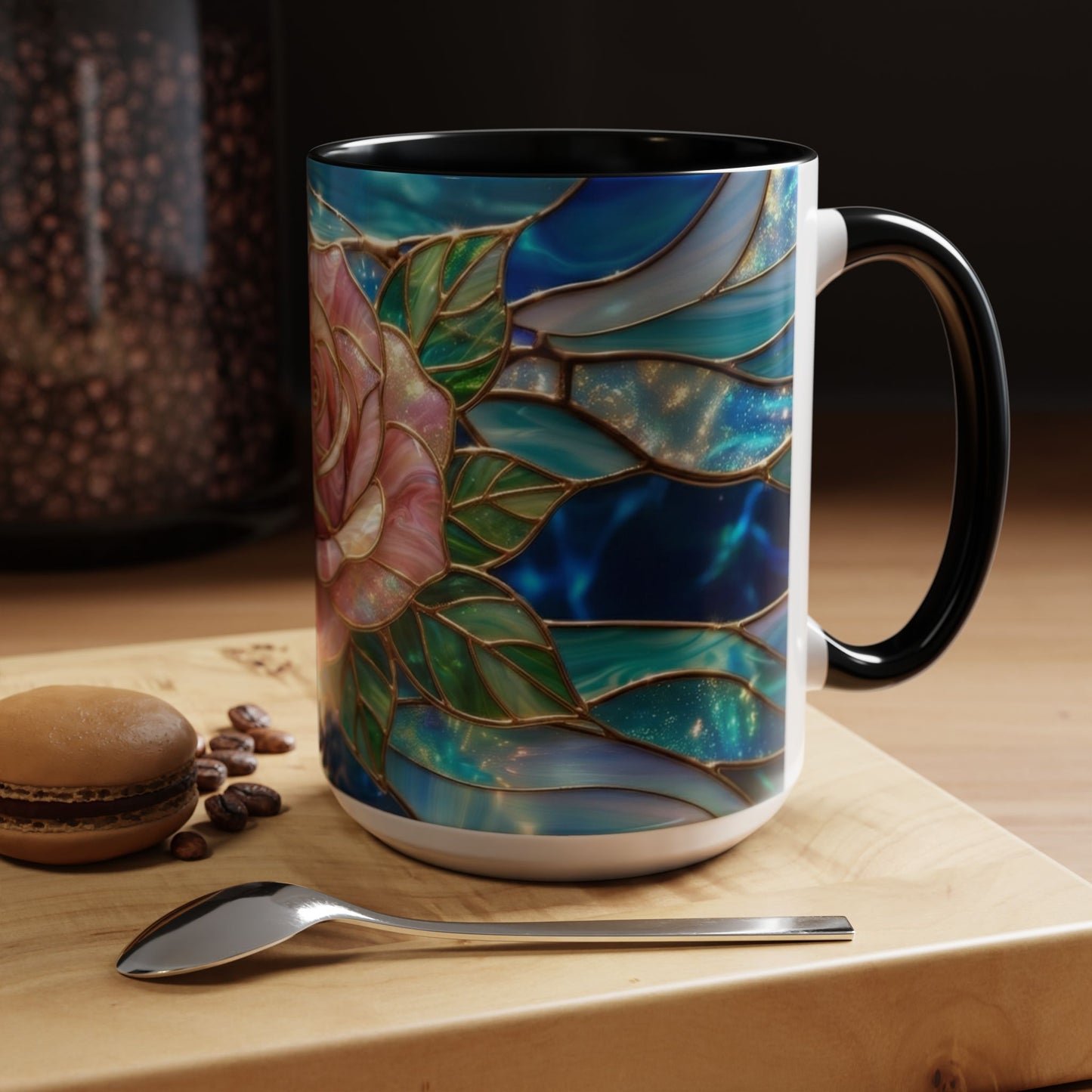 Stained Glass Rose Mug, Pink Flower Coffee Cup, Fantasy Floral Tea Cup, Magical Garden Gift, Galaxy Rose Art, Botanical Lover Present