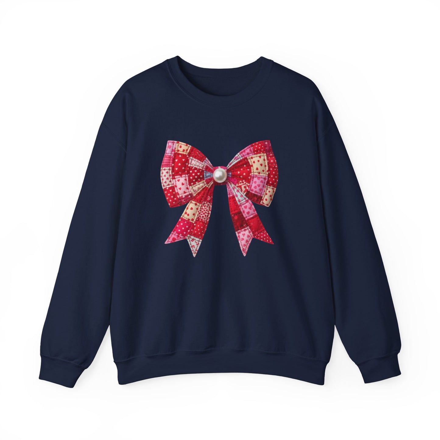 Faux Patchwork Bow Sweatshirt, Quilted Look Bow Crewneck, Pearl Bow Pullover, Cozy Coquette Sweatshirt, Girly Valentine Gift