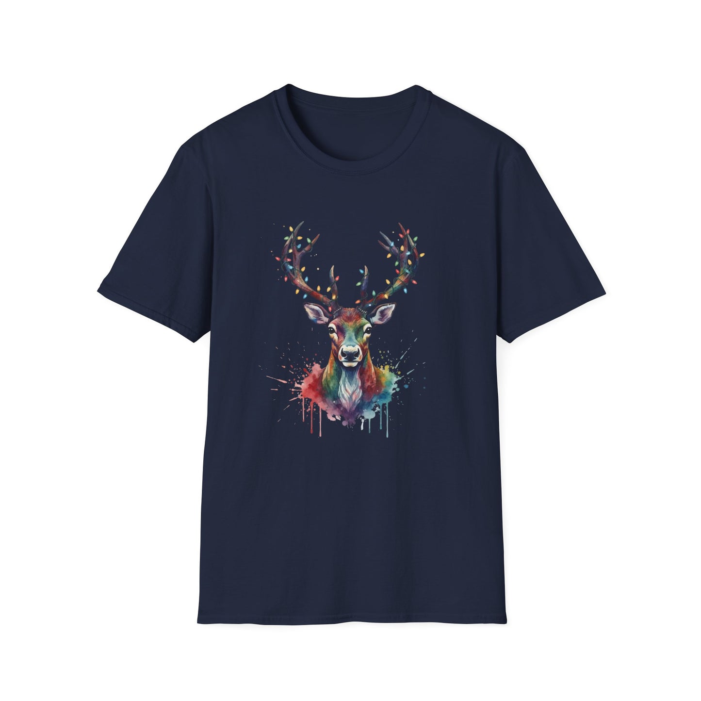 Christmas Deer Shirt, Watercolor Buck T-Shirt, Deer With Christmas Lights Tee, Holiday Wildlife Art Shirt, Colorful Deer Head Xmas Tee