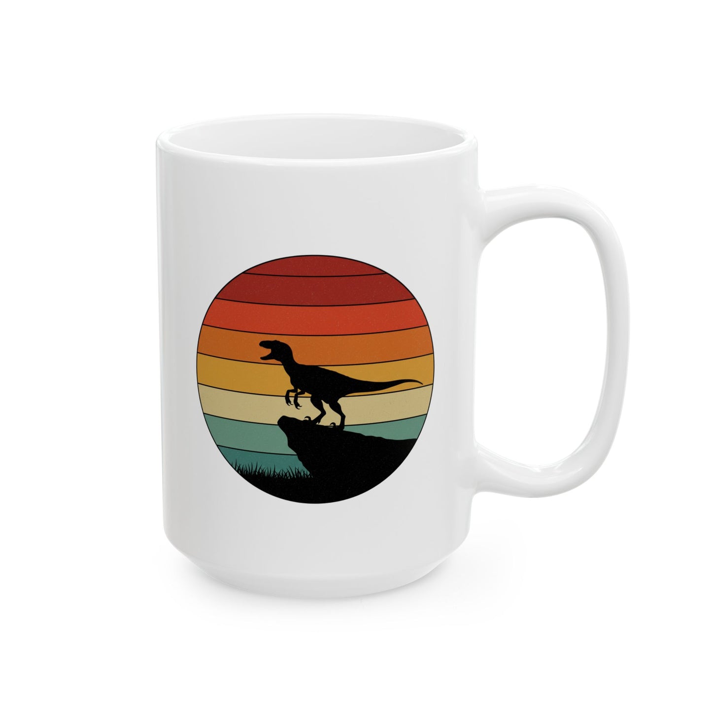 Retro Sunset Dinosaur Mug – Velociraptor Silhouette on Vintage Stripes, Jurassic Coffee Cup, Prehistoric Art Ceramic Mug, Dinosaur Lover Gift