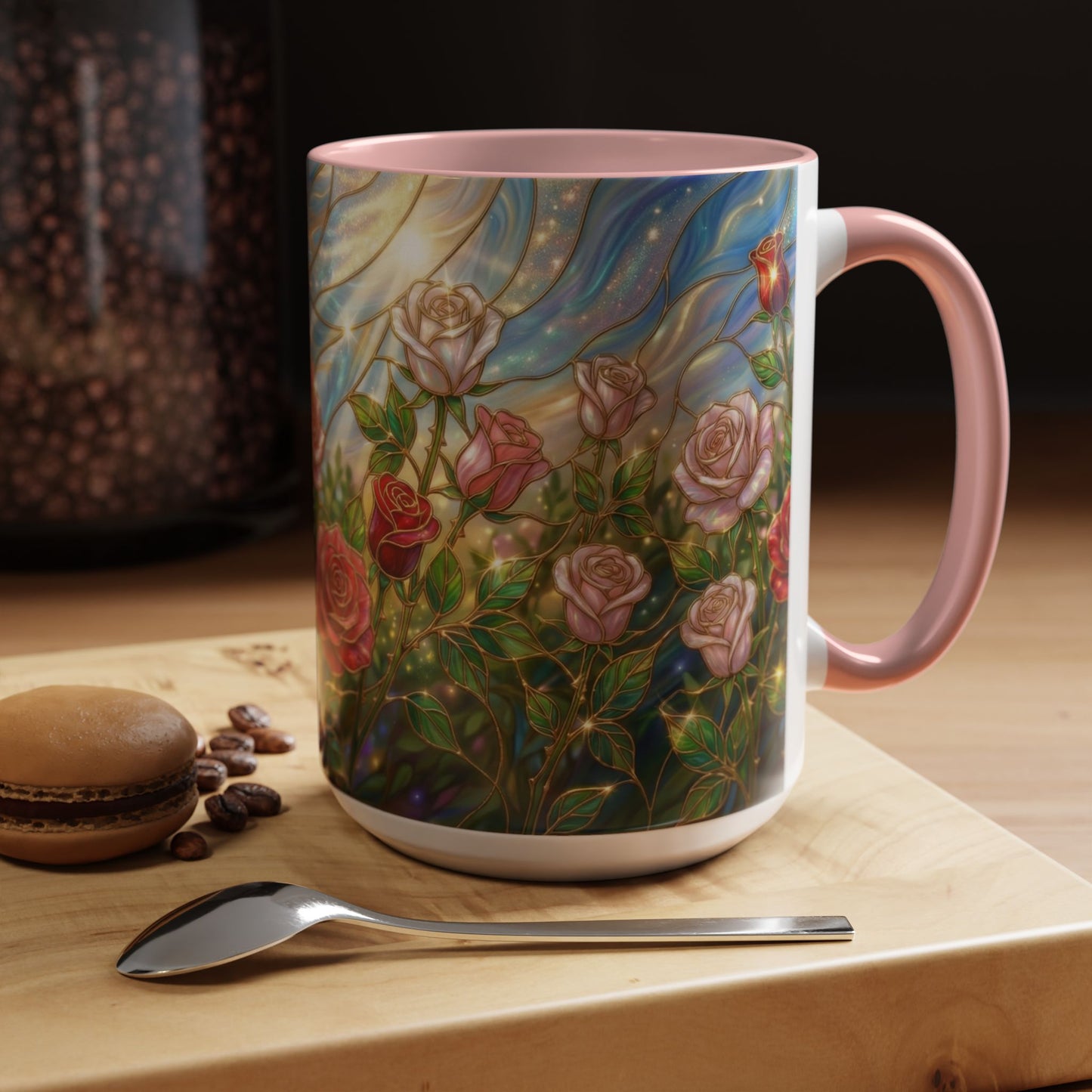 Stained Glass Rose Garden Mug, Floral Rose Coffee Cup, Elegant Flower Mug, Blue Green Gold Glass Style Design, Romantic Gift For Her