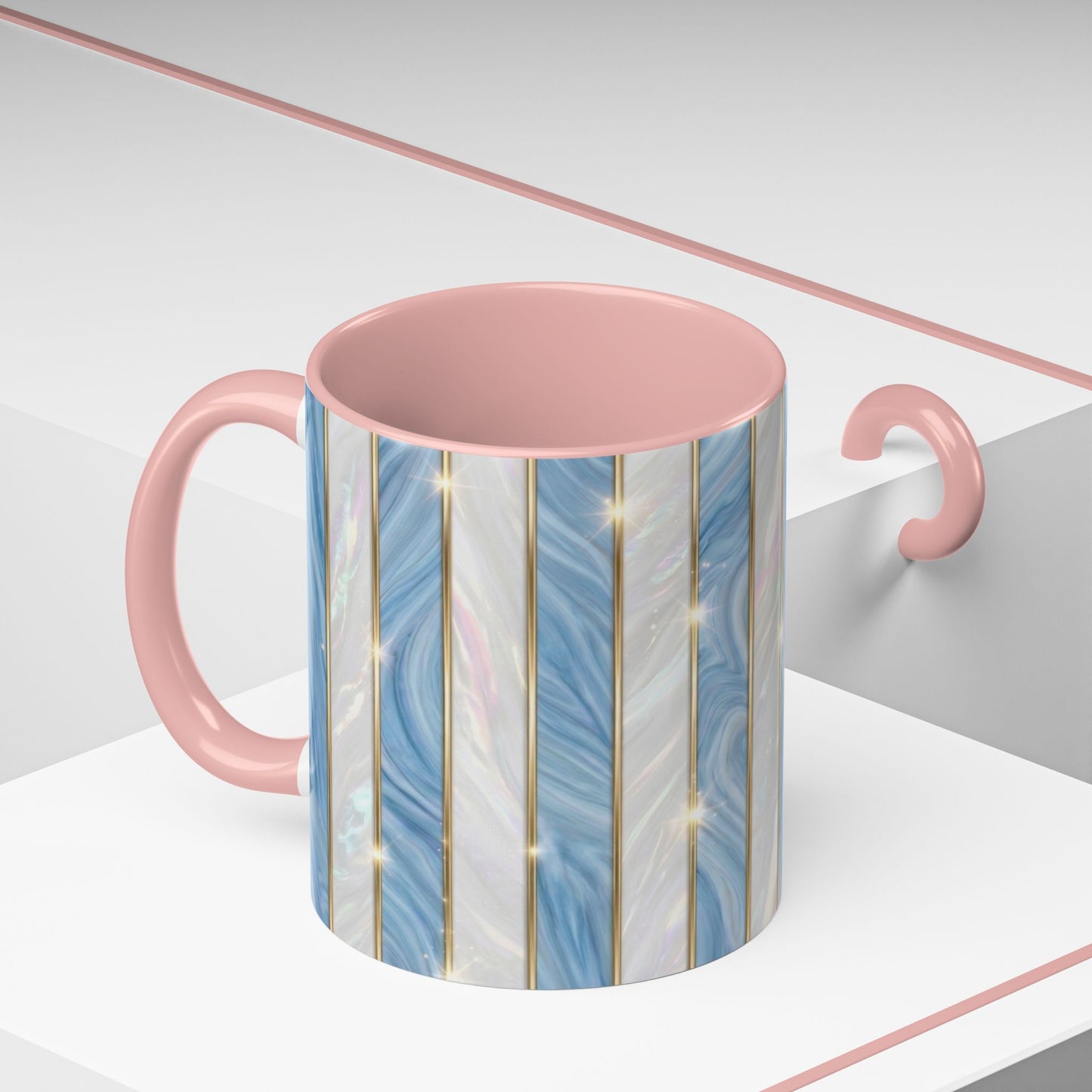 Faux Stained Glass Mug, Blue Pearlescent Coffee Cup, Art Deco Stained Glass Decor, Elegant Gold Stripe Teacup, Unique Art Gift For Her