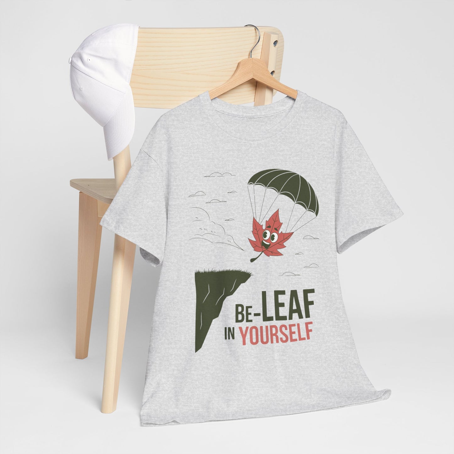 Be-Leaf In Yourself Maple Leaf Parachute T-Shirt | Funny Motivational Nature Graphic Tee | Self-Love Fall Autumn Shirt | Outdoorsy Gift