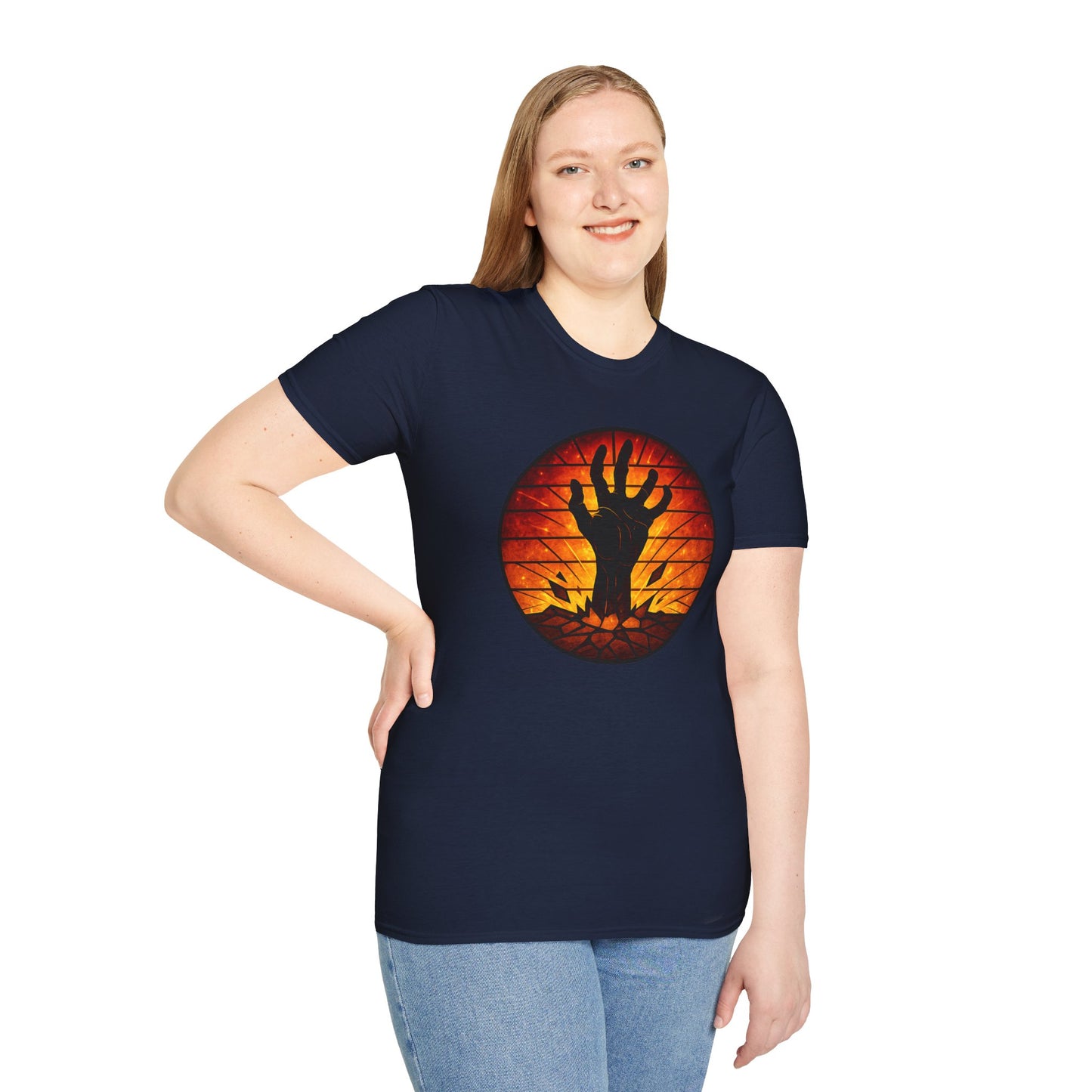 Zombie Hand Sunset T-Shirt – Stained Glass Horror Shirt, Halloween Gothic Tee, Undead Rising Art Tee, Creepy Spooky Shirt for Fall