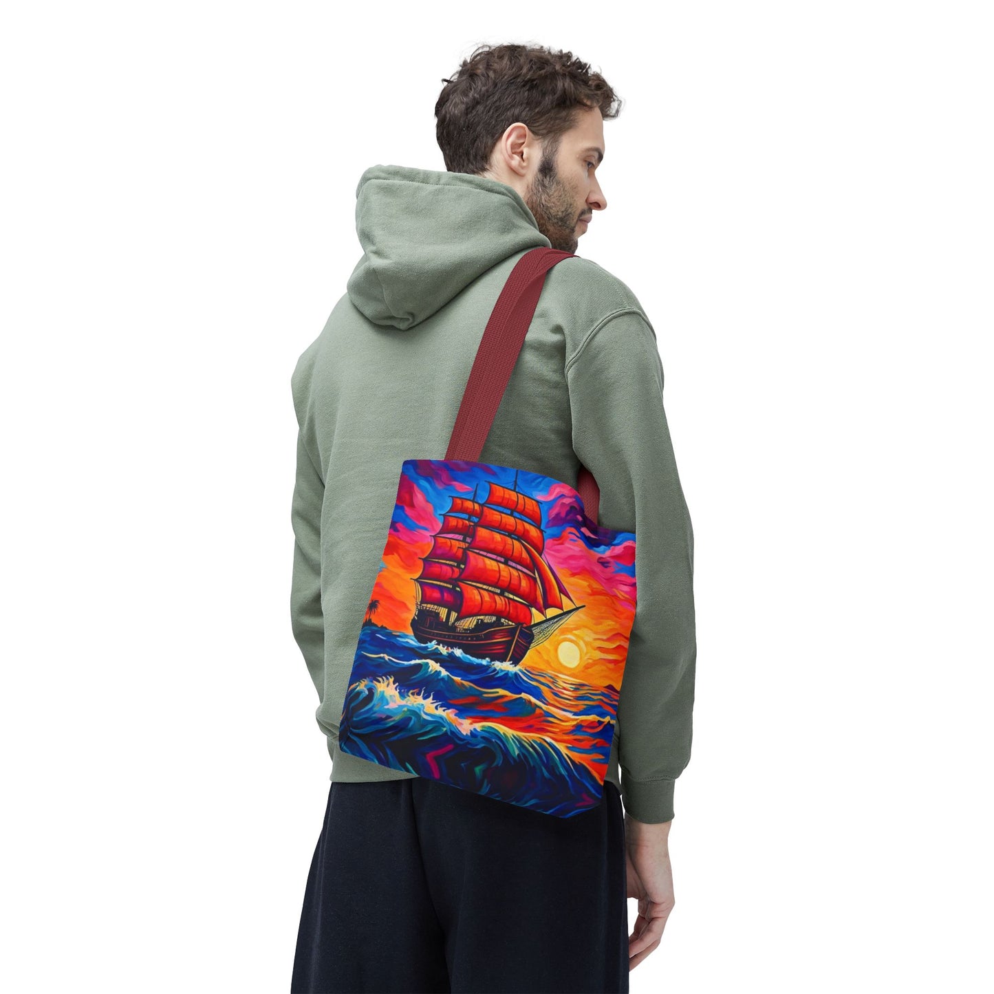 Crimson Voyage Tote Bag, Red Sailboat At Sunset Artistic Ocean Design, Nautical Reusable Tote For Beach, Travel, And Everyday Use