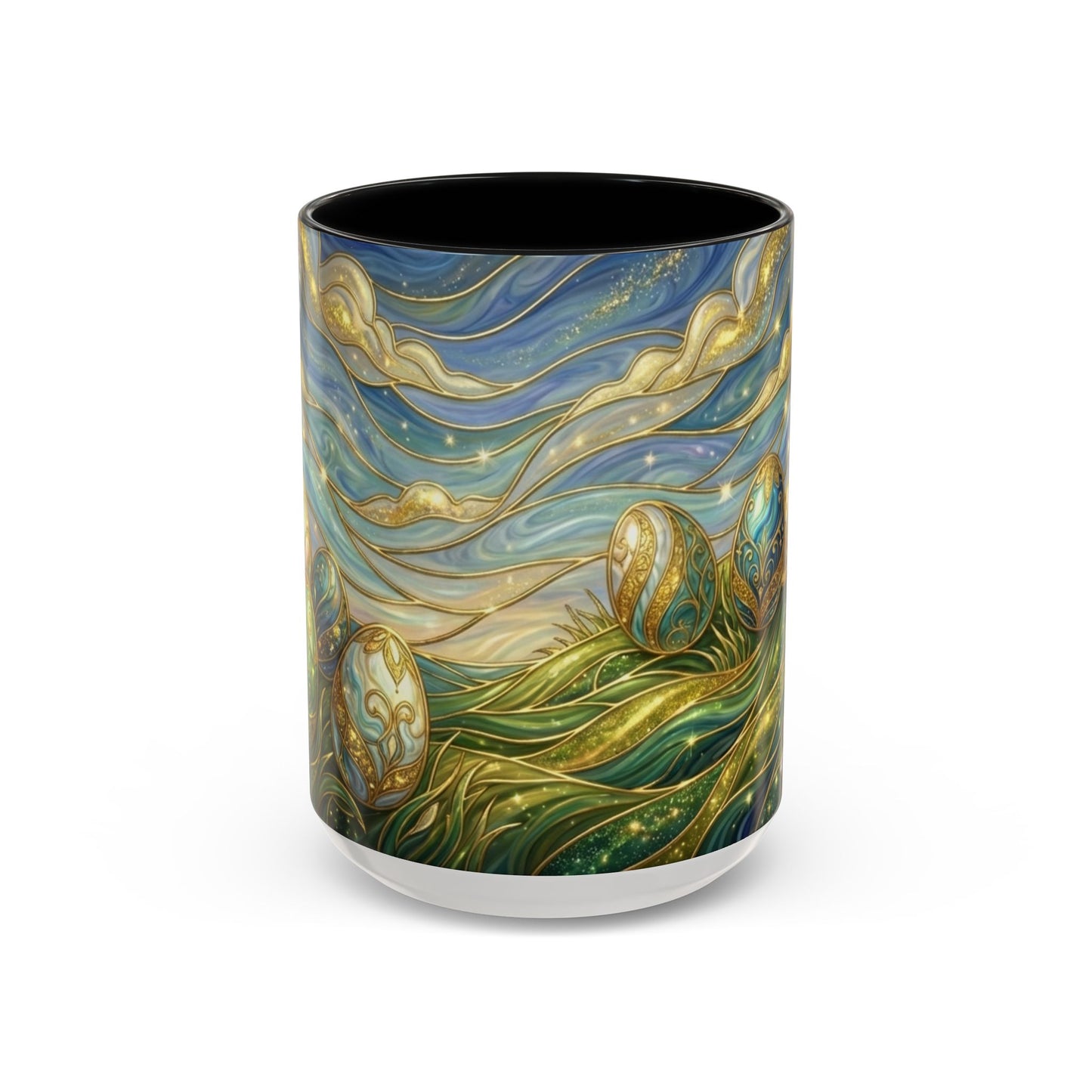 Stained Glass Easter Egg Mug, Magical Spring Floral Coffee Cup, Art Nouveau Fantasy Teacup, Elegant Celestial Starry Sky Mug Gift Idea