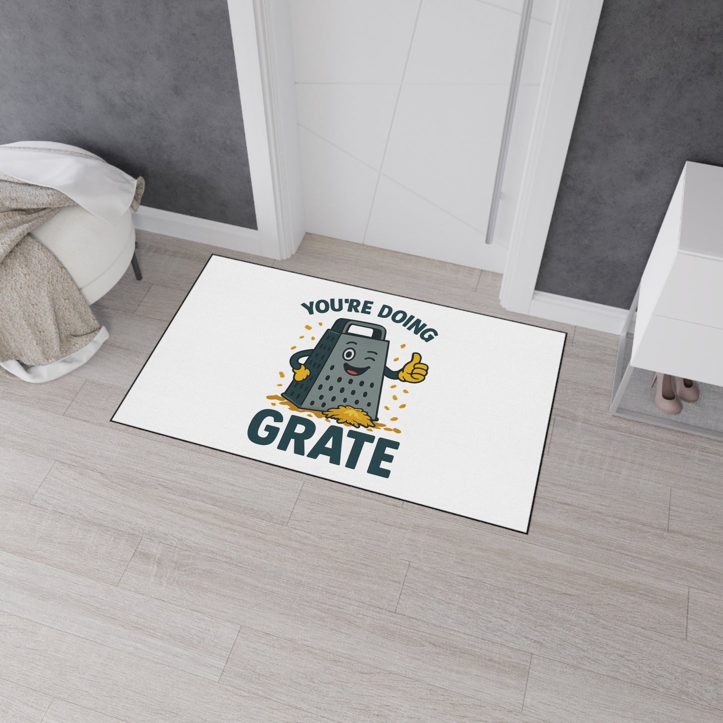 Funny Kitchen Mat – “You’re Doing Grate” Floor Rug, Cheese Grater Pun Mat, Cute Home Gift for Friends or Foodies