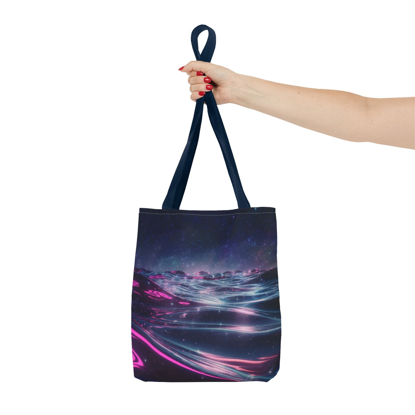 Neon Wave Horizon Tote Bag, Futuristic Ocean Design With Pink And Blue Light, Sci-Fi Aesthetic Reusable Tote For Travel, Gifts, And Everyday Use