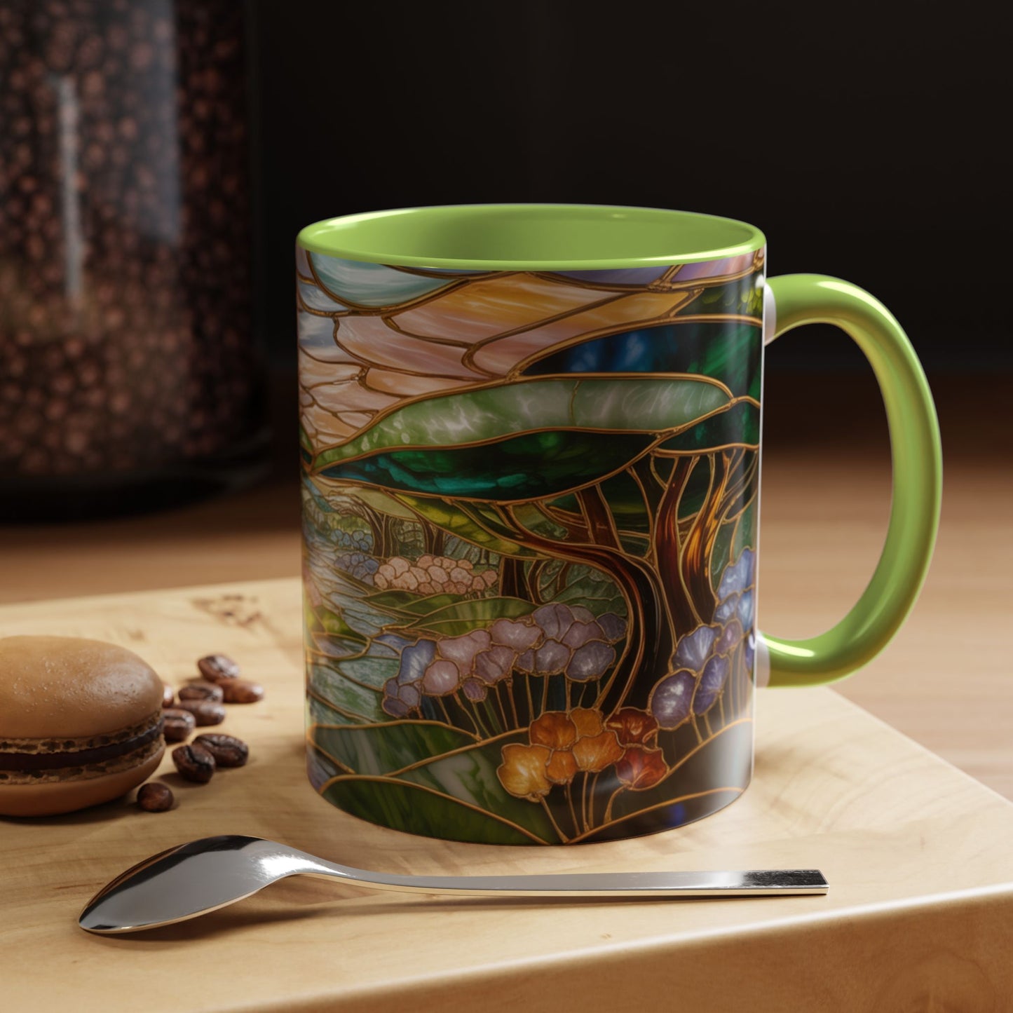 Stained Glass Woodland Forest Mug, Tree & Flowers Coffee Cup, Nature Lover Gift, Artistic Woodland Art Mug, Rustic Home Decor Mug