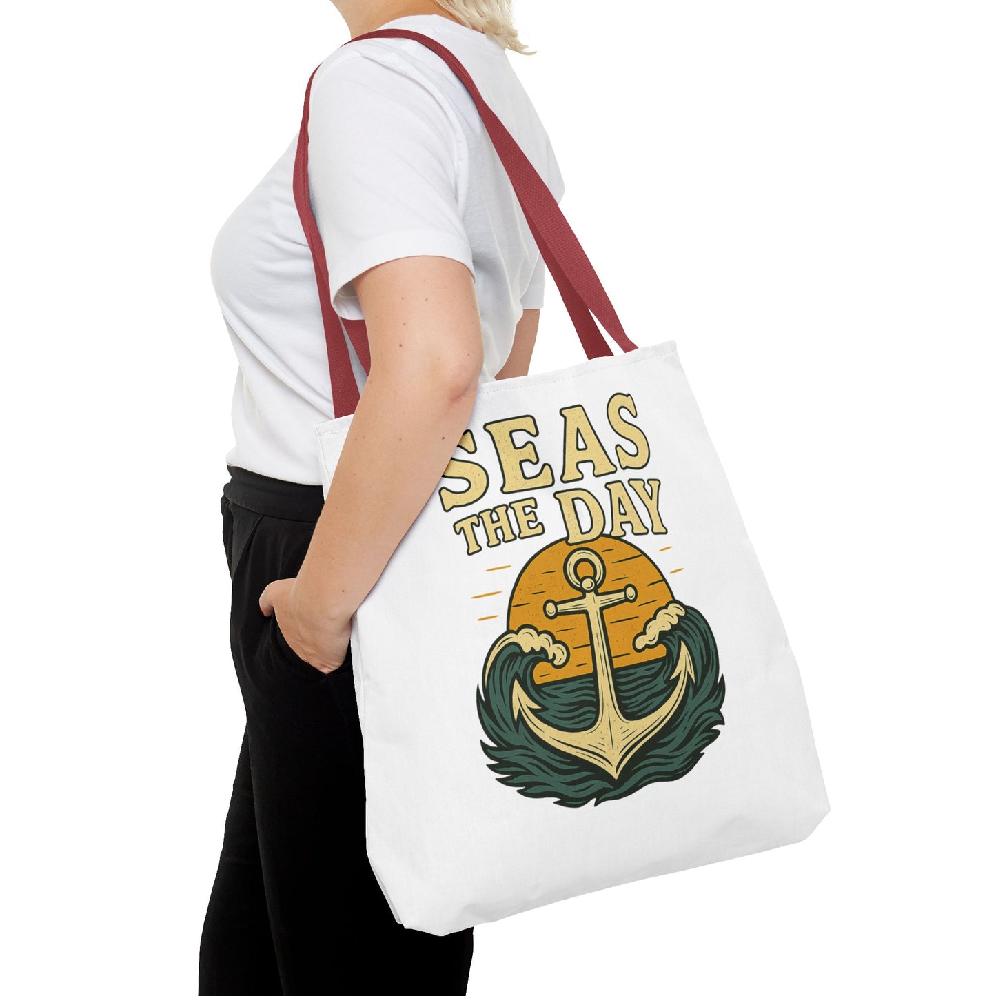 "Seas the Day" Nautical Tote Bag – Funny Beach Quote Canvas Bag with Anchor | Coastal Gift Idea for Summer, Travel, or Daily Use