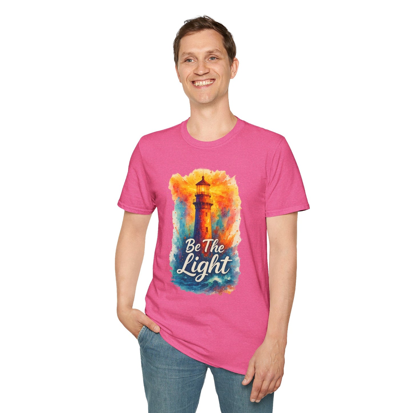 Be The Light Lighthouse T-Shirt | Inspirational Spiritual Tee | Coastal Nautical Gift for Her and Him | Unisex Softstyle Graphic Tee