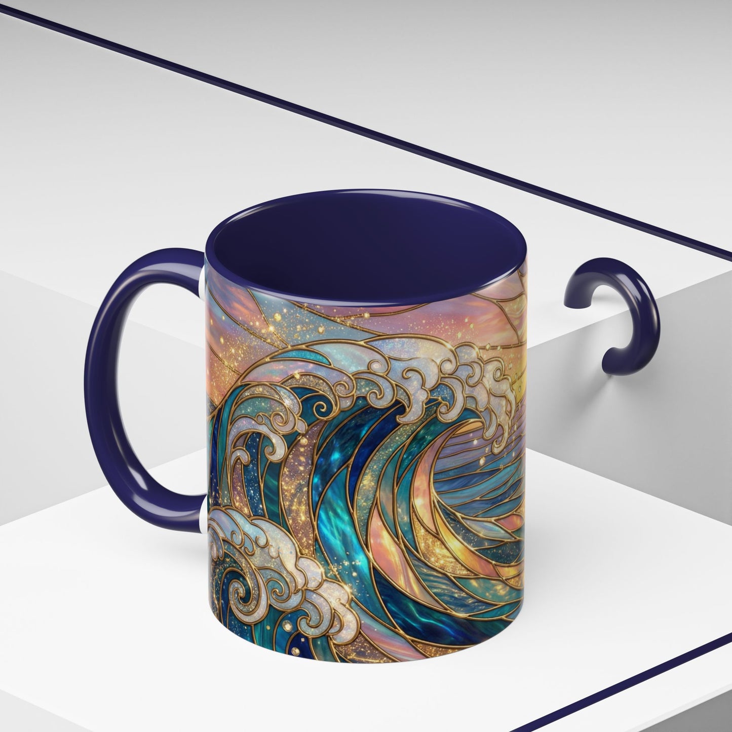 Stained Glass Ocean Wave Mug, Sunrise Beach Coffee Cup, Japanese Art Gift, Coastal Decor Kitchen, Mosaic Sea Tea Cup, Blue Gold Nature Lover