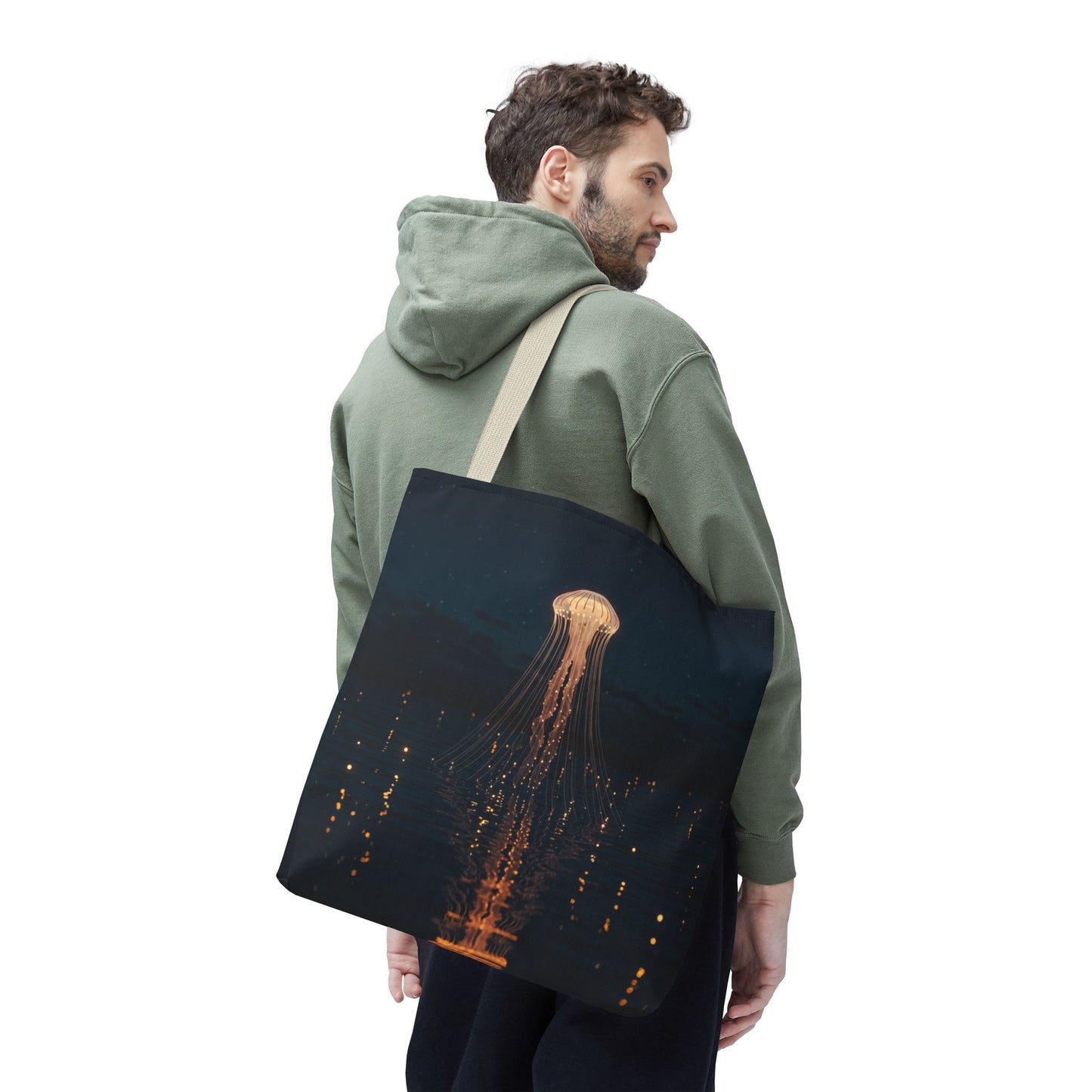 Luminous Jellyfish Tote Bag, Glow-Inspired Ocean Design Shoulder Bag, Durable Polyester Tote For Everyday Style, Gifts, And Coastal Fashion