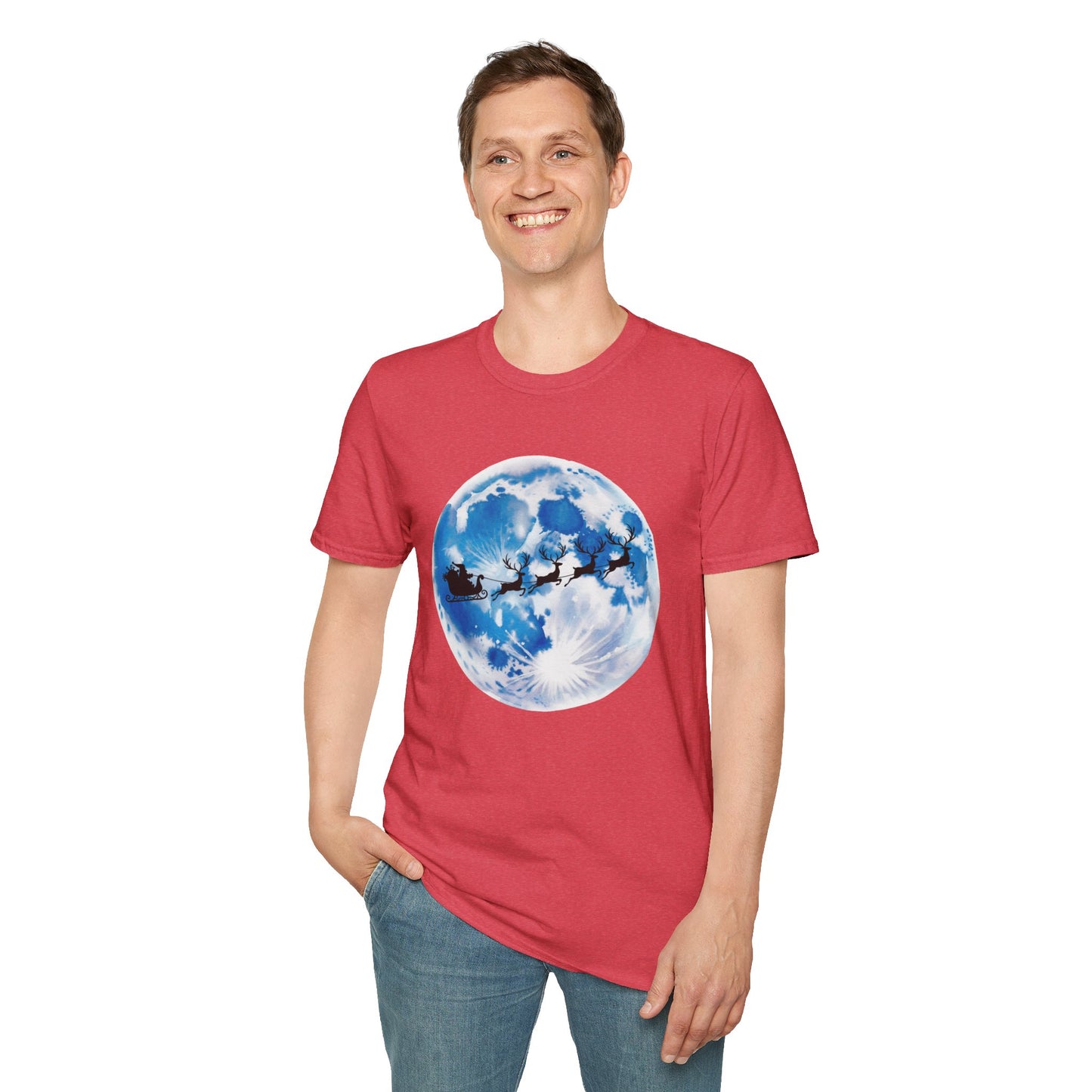 Santa Moon Christmas T-Shirt, Reindeer Sleigh Christmas Tee, Holiday Moonlight Xmas Shirt, Festive Christmas Graphic Tee, Winter Night Christmas Gift Tee