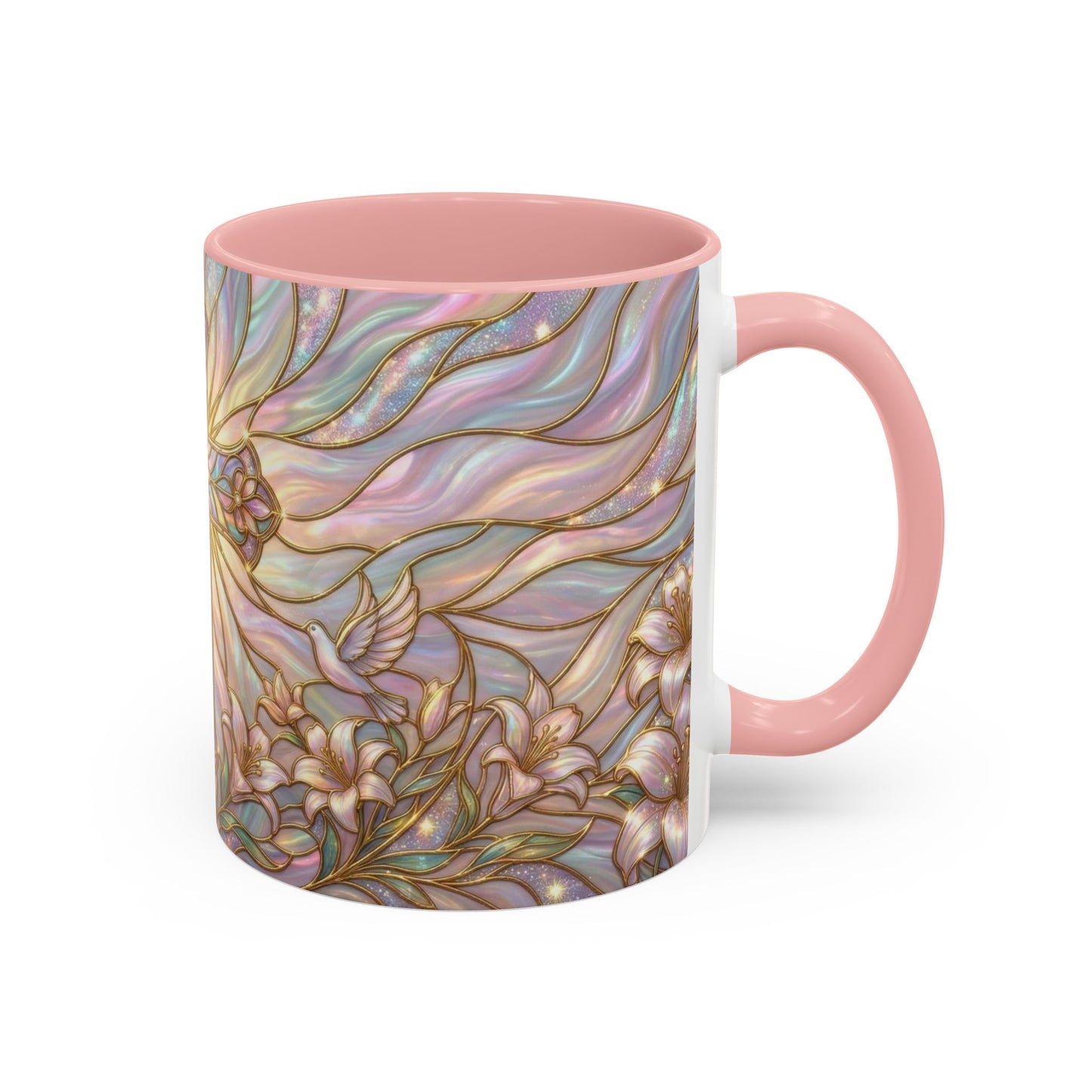 Stained Glass Cross Mug, Easter Lily Coffee Cup, Christian Gift for Women, Pastel Religious Drinkware, Dove and Faith Cup, Spiritual