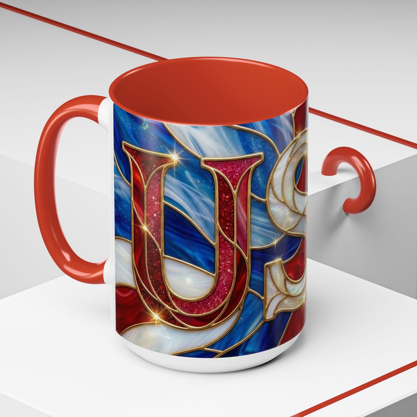 USA Patriotic Coffee Mug, Stained Glass USA Mug, Red White Blue Ceramic Mug, American Flag Style Mug, 11oz 15oz Mug