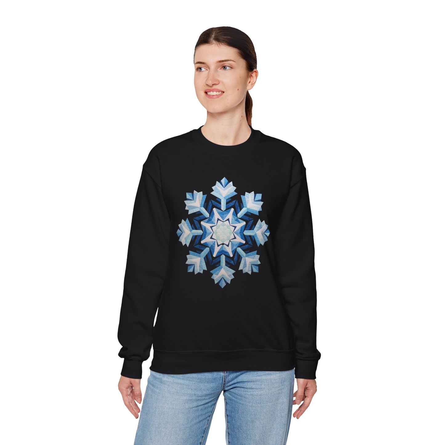 Faux Patchwork Snowflake Sweatshirt, Winter Snowflake Crewneck Unisex, Cozy Holiday Patchwork Sweatshirt, Nordic Snowflake Winter Pullover