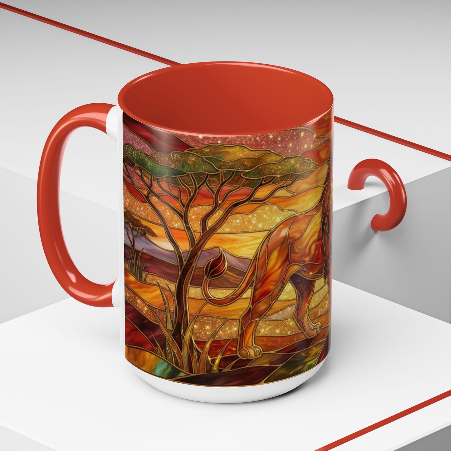 Stained Glass Lion Mug, Majestic Lion Coffee Cup, African Sunset Art Mug, Safari Wildlife Gift, Colorful Lion Lover Ceramic Mug