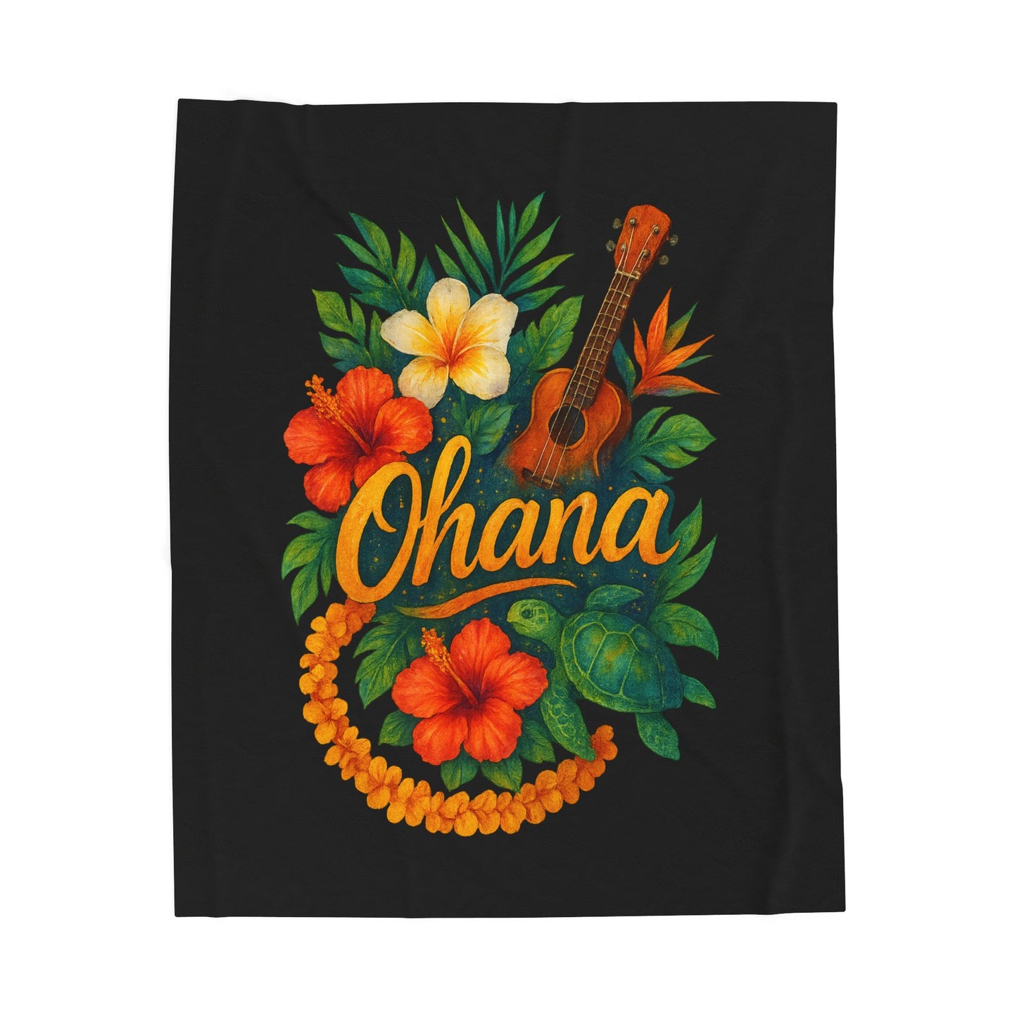 Ohana Hawaiian Blanket - Tropical Floral Turtle Ukulele Throw - Polynesian Island Bedding - Hawaii Gift - Cozy Beach Vibes Decor