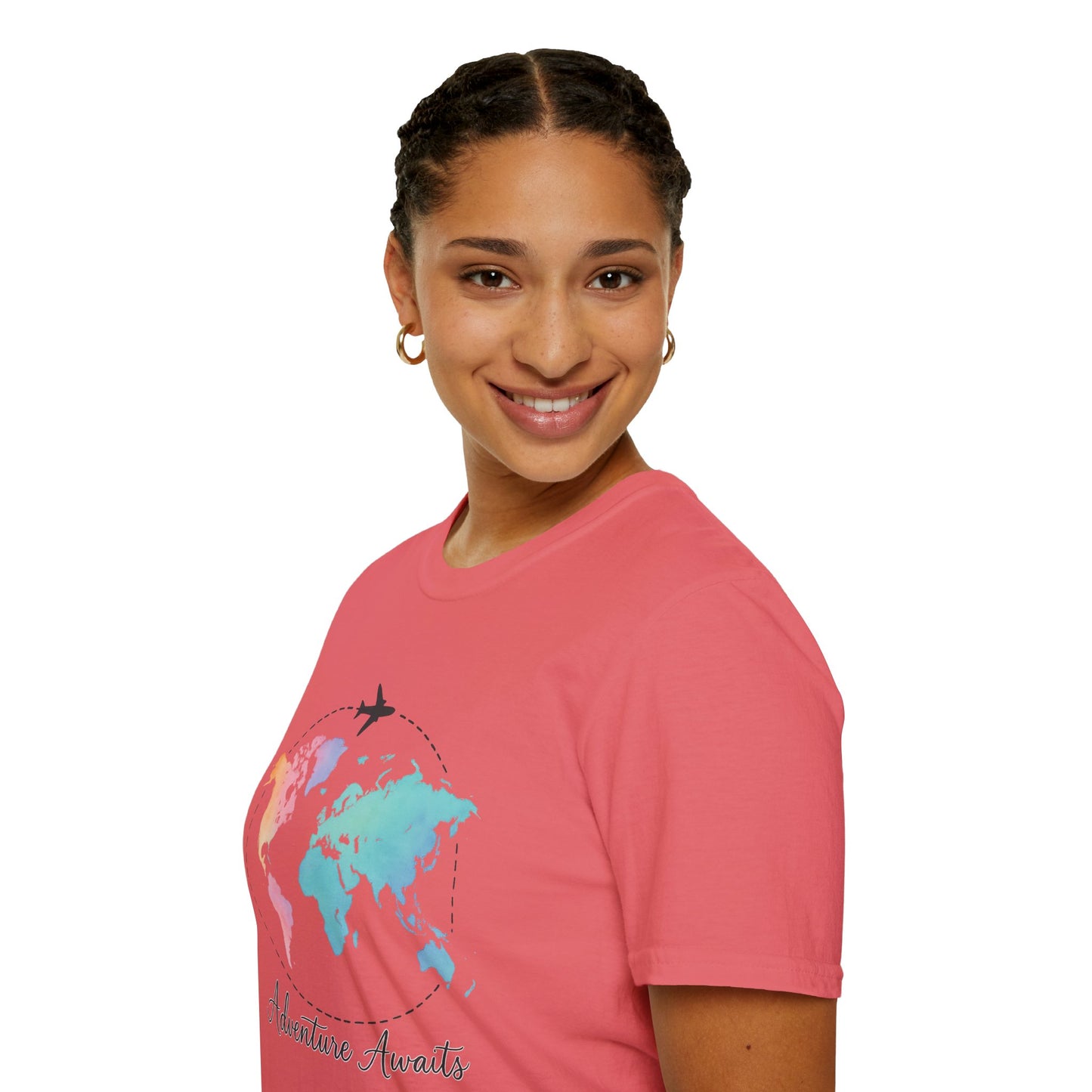 Adventure Awaits Travel Shirt | Watercolor World Map Tee for Women and Men | Wanderlust Gift for Travelers, Hikers, Campers, Beach Lovers