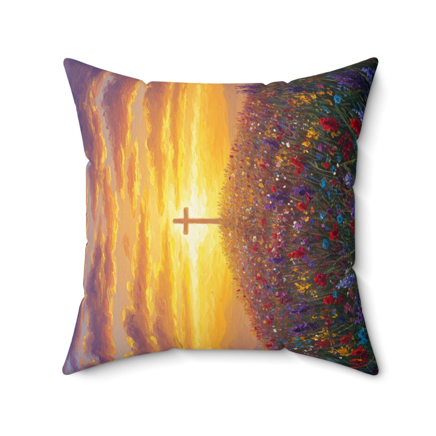 Square Pillow - Monet Style Cross on Hill Painting Christian Pillow Religious Decor Faith Based Throw Gift for Believers