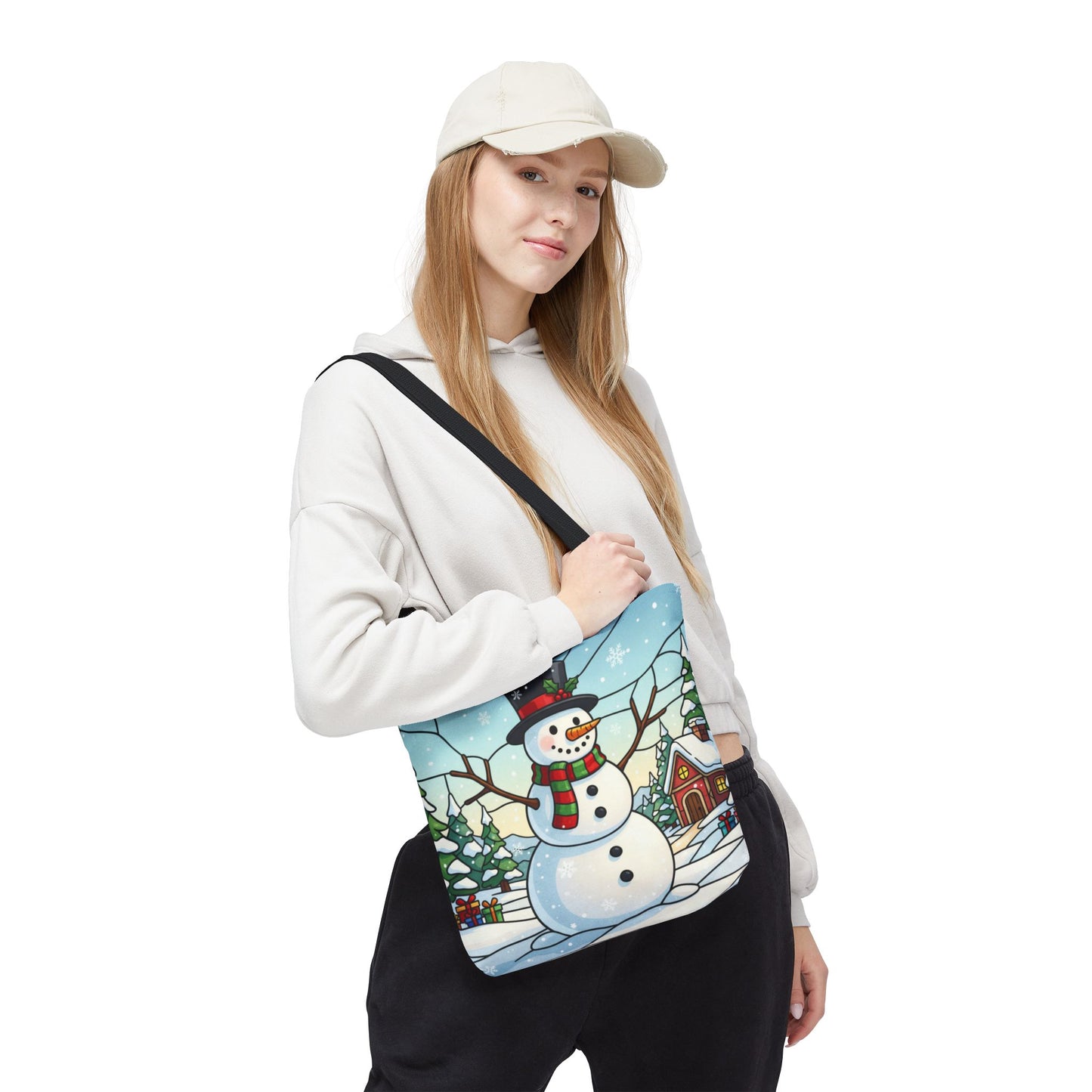 Stained Glass Snowman Christmas Tote Bag, Holiday Art Tote, Festive Winter Gift Bag, Colorful Christmas Scene Reusable Shopping Bag