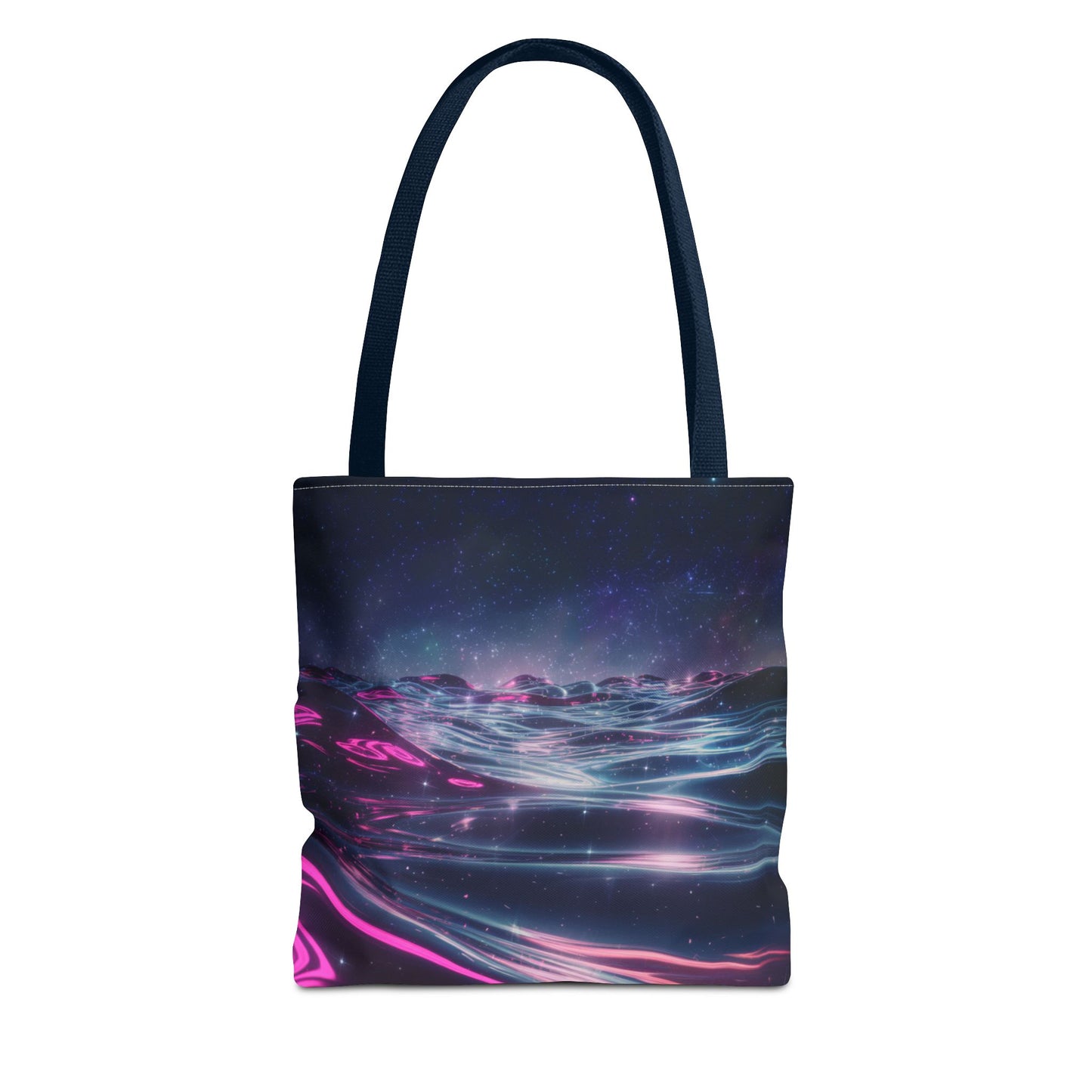 Neon Wave Horizon Tote Bag, Futuristic Ocean Design With Pink And Blue Light, Sci-Fi Aesthetic Reusable Tote For Travel, Gifts, And Everyday Use