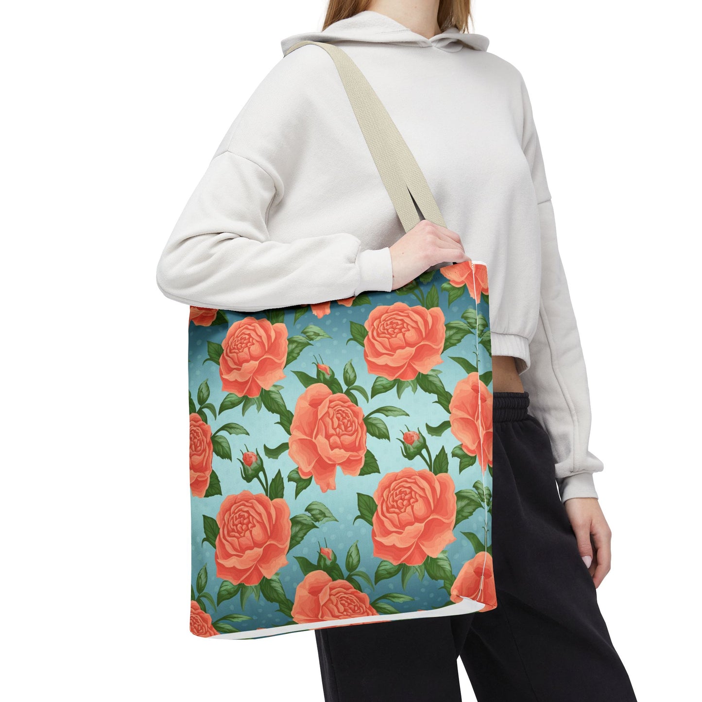 Vintage Floral Tote Bag – Coral Rose Pattern on Blue Background – Aesthetic Everyday Carry Bag – Reusable Fabric Market Tote Gift