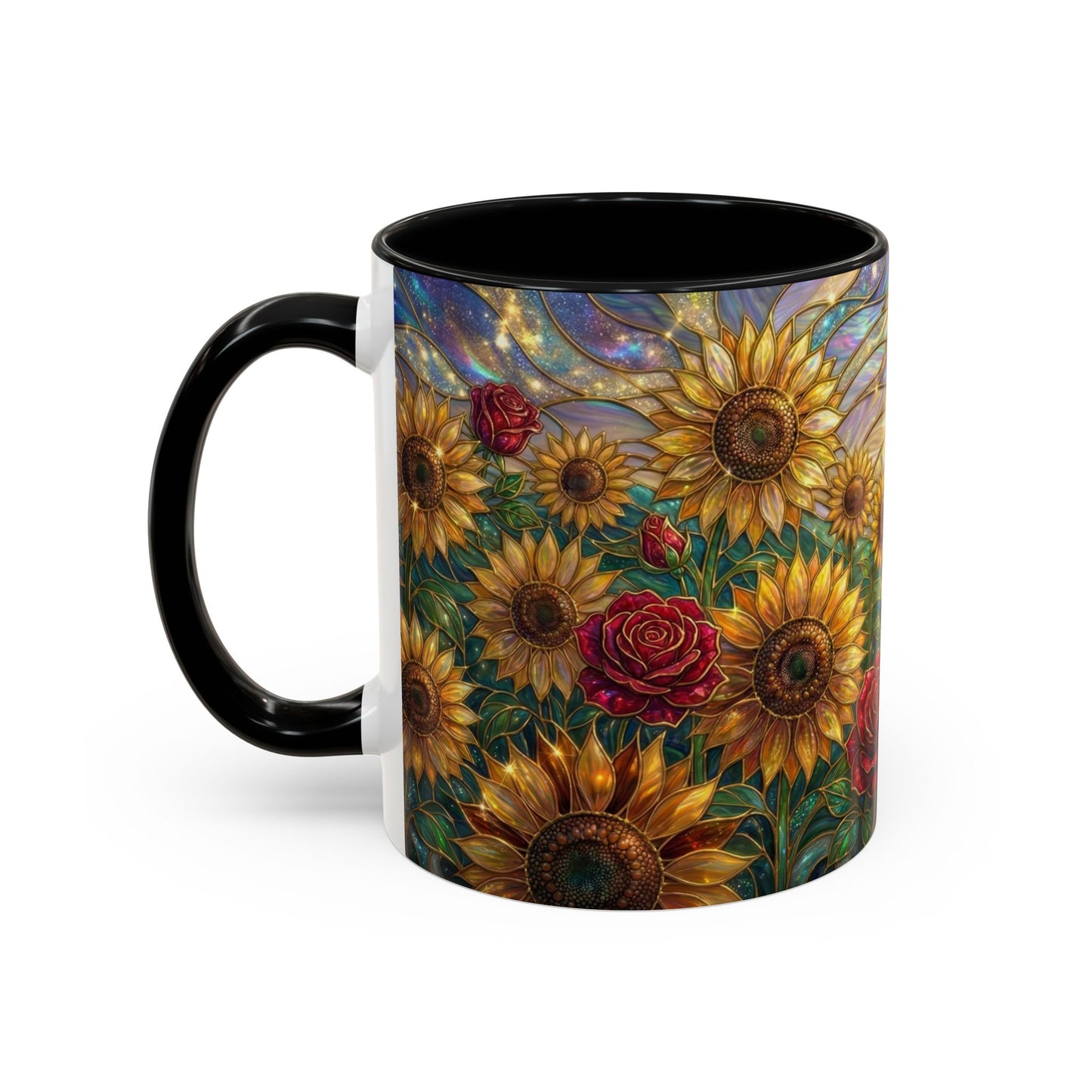 Personalized Stained Glass Sunflower Mug, Custom Red Rose Floral Coffee Cup, Celestial Night Sky Botanical Teacup, Gift For Flower Lover