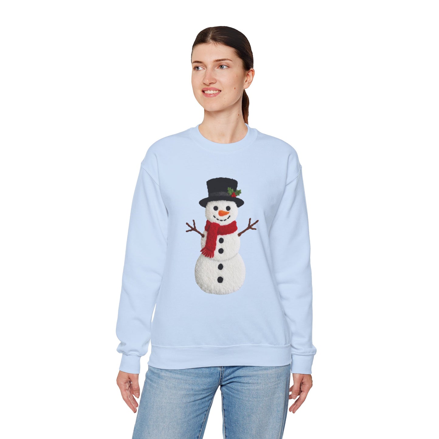 Faux Patchwork Crochet Snowman Sweatshirt, Winter Snowman Crewneck, Cozy Holiday Sweater, Christmas Sweatshirt, Festive Winter Shirt, unisex gift