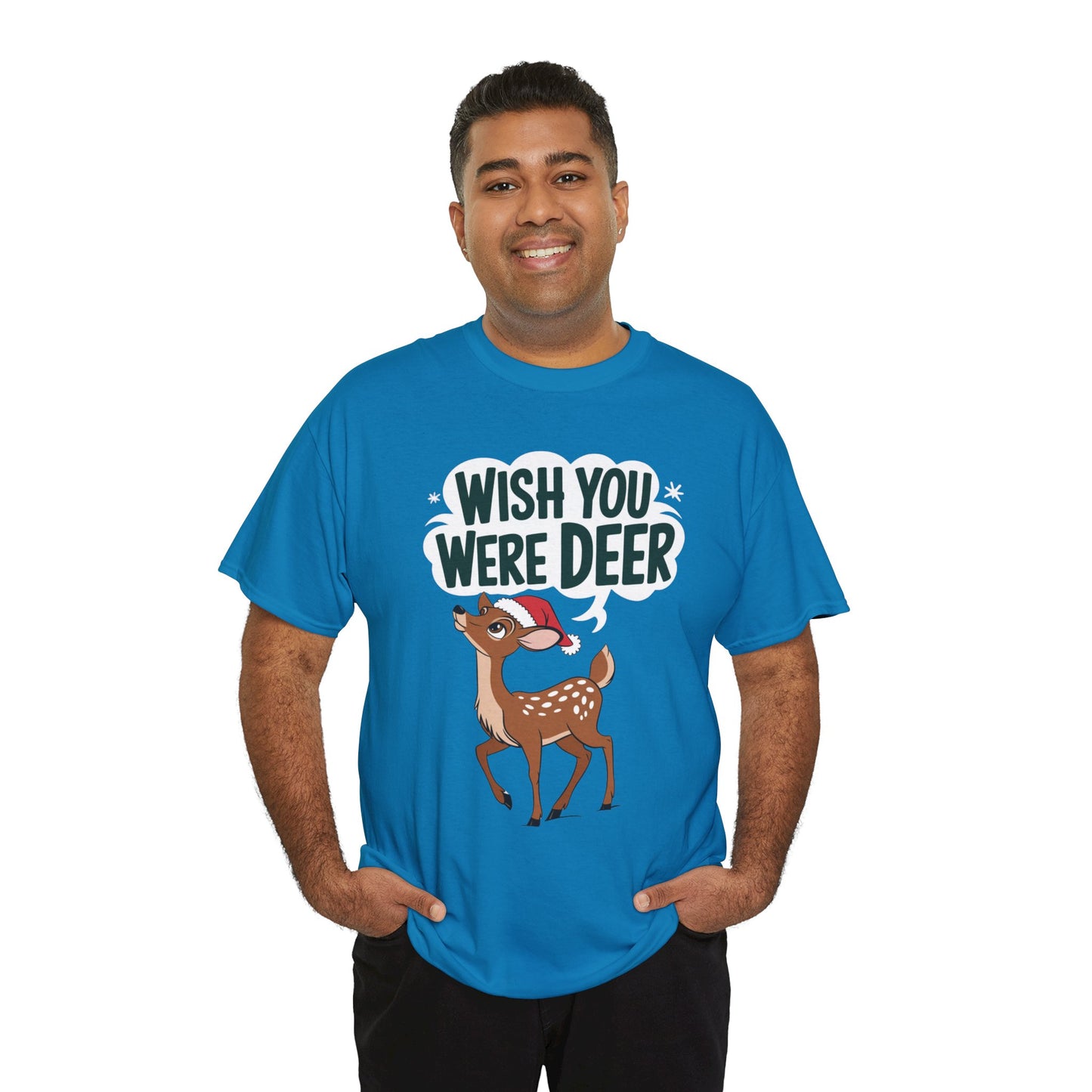Wish You Were Deer Funny Christmas T-Shirt, Cute Reindeer Holiday Tee, Pun Christmas Shirt, Festive Santa Hat Deer Graphic Tee Gift