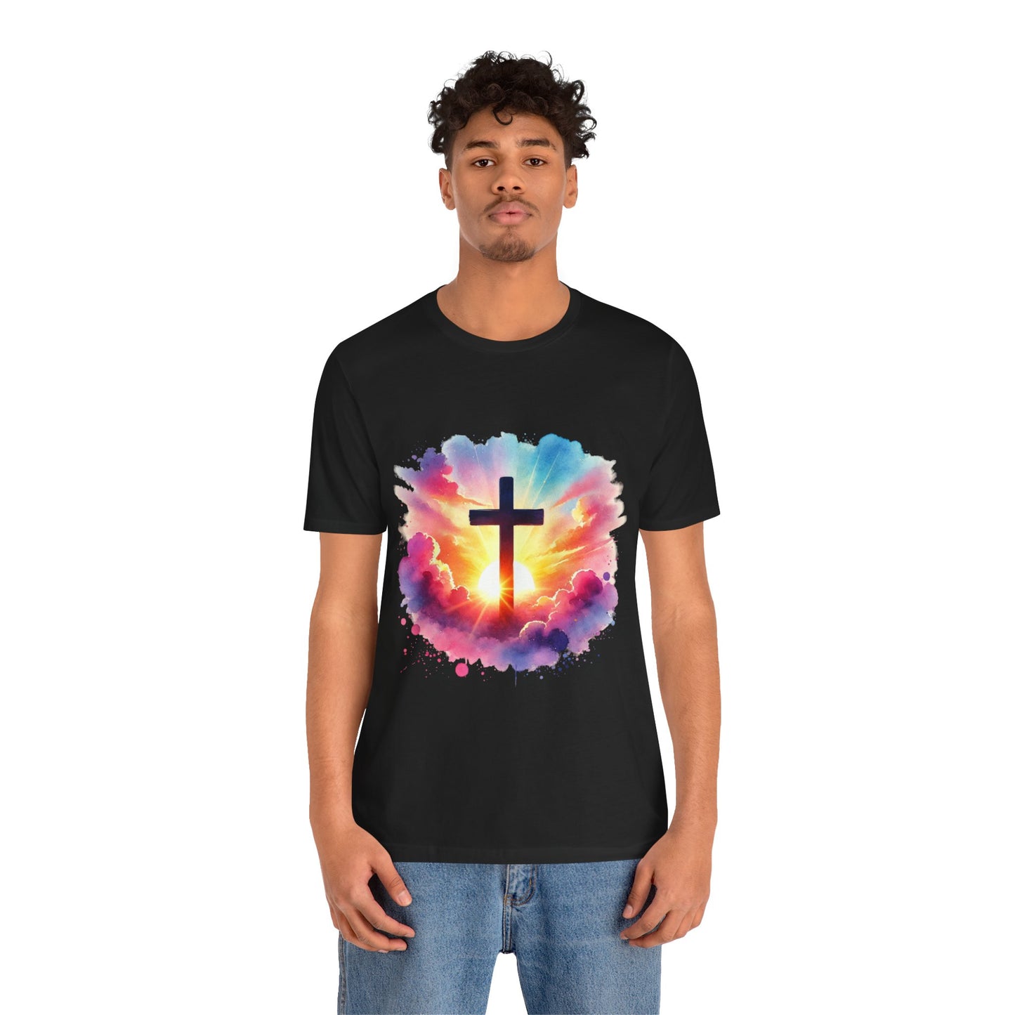 Faith Cross Sunburst Christian Tee | Inspirational Christian T-Shirt | Colorful Sunrise Cross Shirt | Faith Gifts for Women Men
