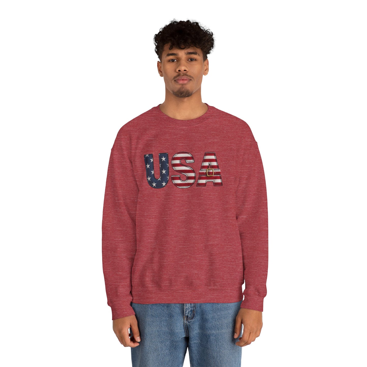 Faux Patchwork USA Sweatshirt, Patriotic Quilt Style Top, Rustic Americana Crewneck, 4th of July Shirt, Country USA Sweater, Vintage Flag Top