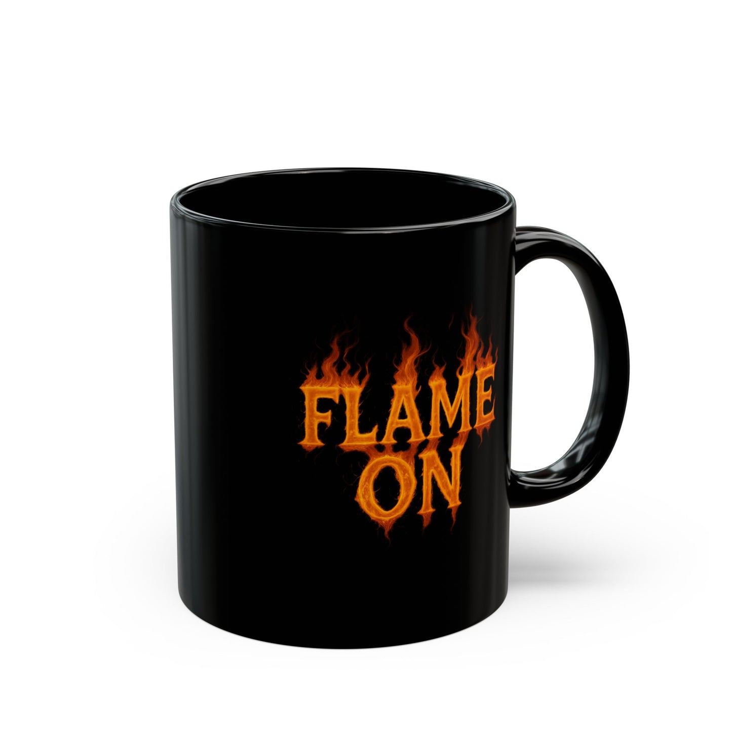Flame On Mug - Fire Typography Coffee Cup for Superhero Fans, Hot Drink Black Mug, Comic Style Gift, Hero Catchphrase Energy