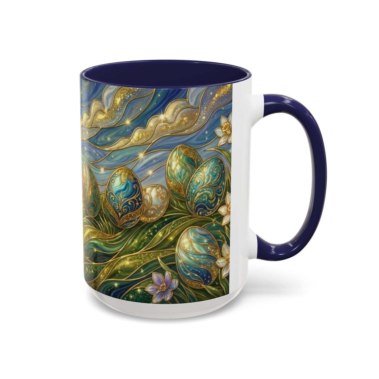 Stained Glass Easter Egg Mug, Magical Spring Floral Coffee Cup, Art Nouveau Fantasy Teacup, Elegant Celestial Starry Sky Mug Gift Idea